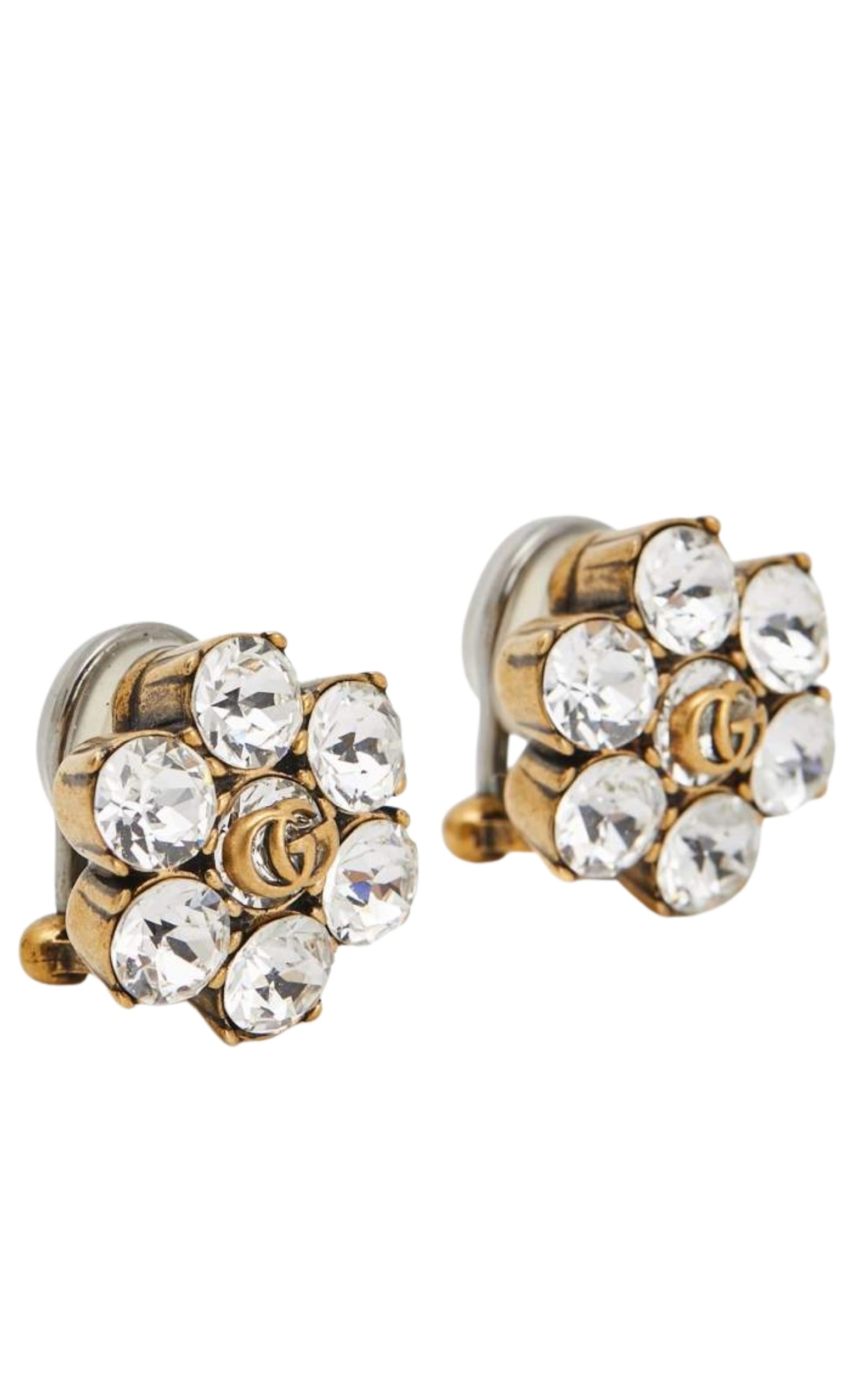 Gucci crystal GG clip earrings gold-tone metal angled view
