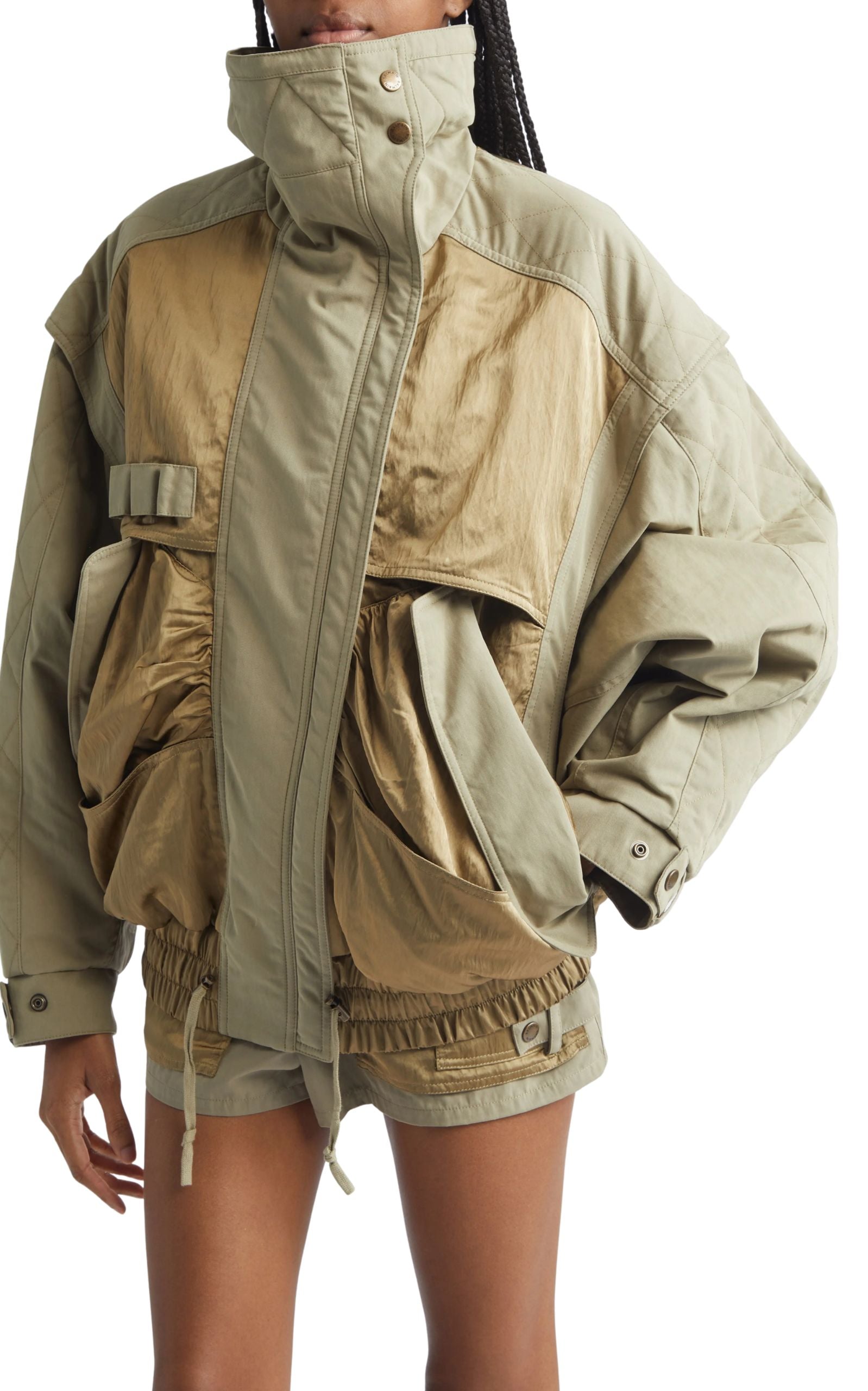 Balmain cotton blend twill utility bomber jacket with cargo pockets and standing collar