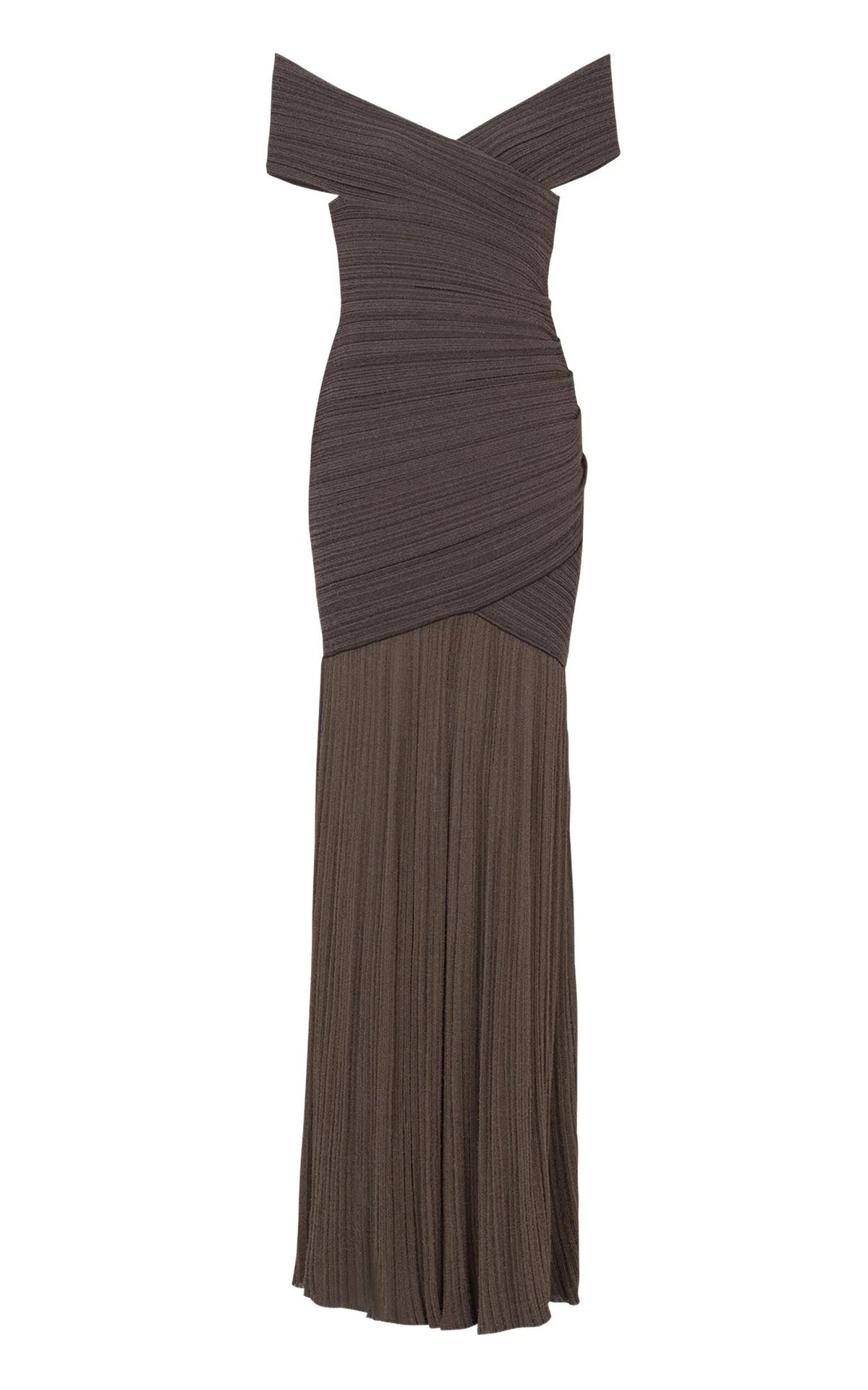 Balmain off-the-shoulder ribbed-knit maxi dress with crossover fitted bodice and sheer floor-length skirt