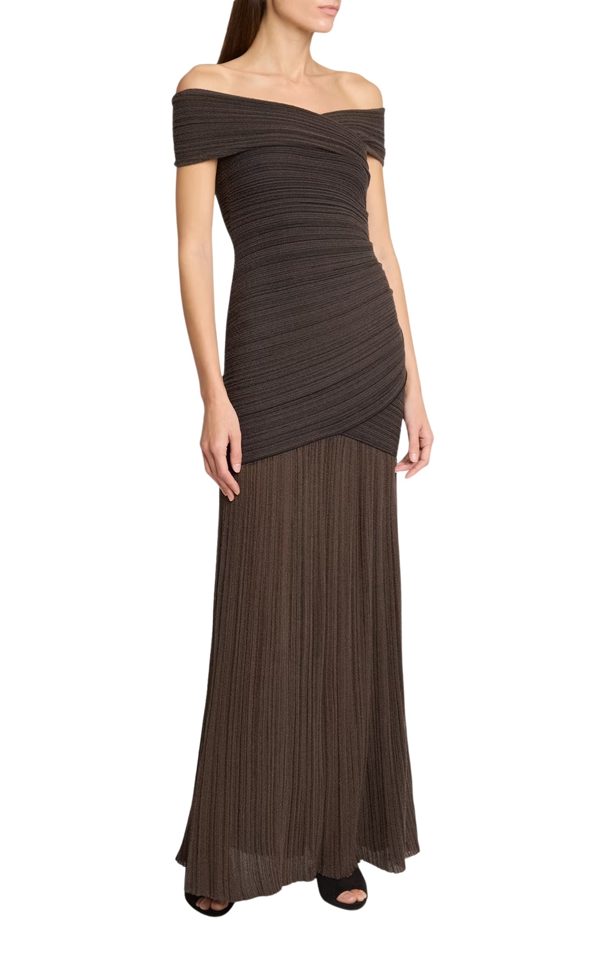Balmain off-the-shoulder ribbed-knit maxi dress with crossover fitted bodice and sheer floor-length skirt