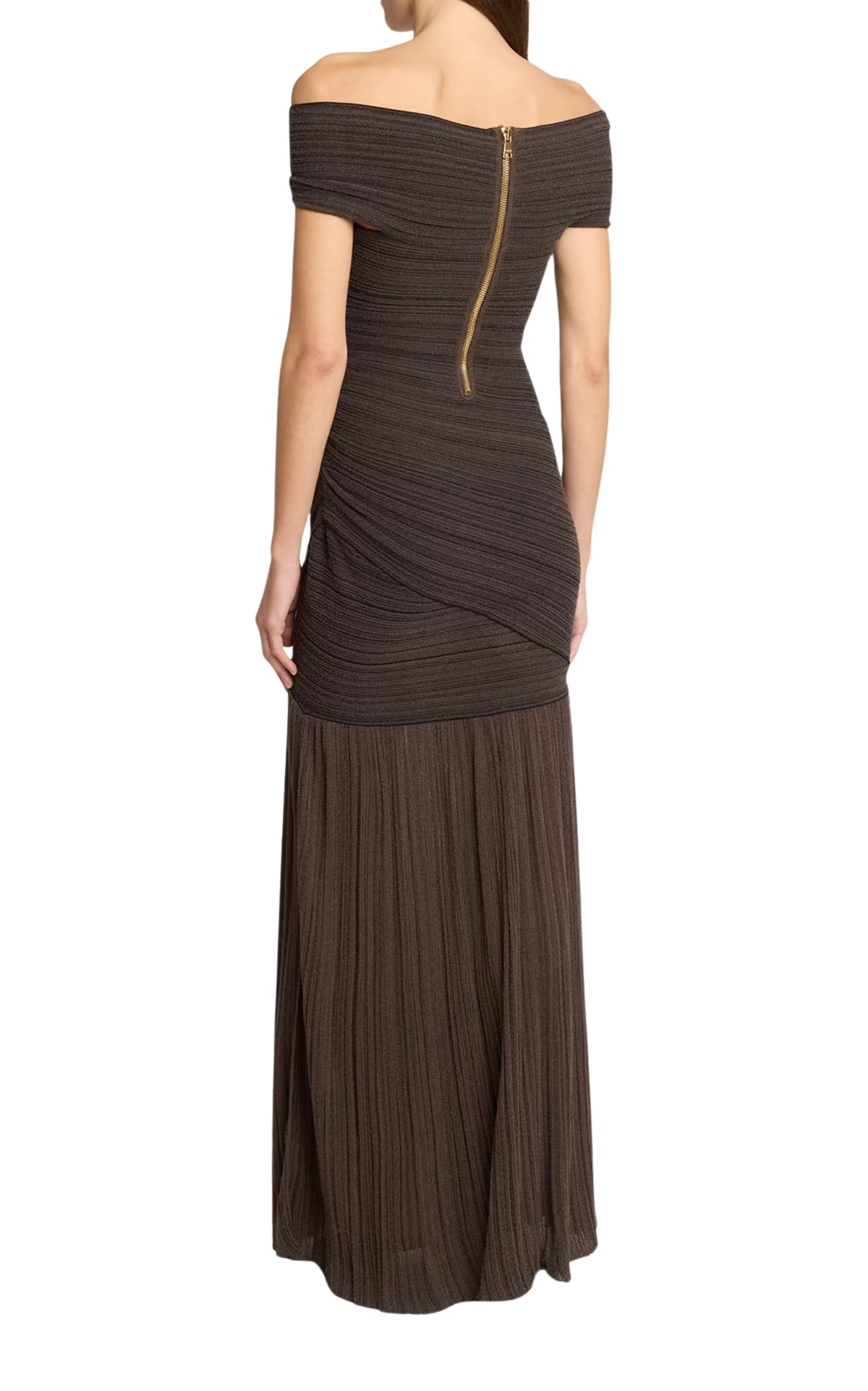 Balmain off-the-shoulder ribbed-knit maxi dress with crossover fitted bodice and sheer floor-length skirt
