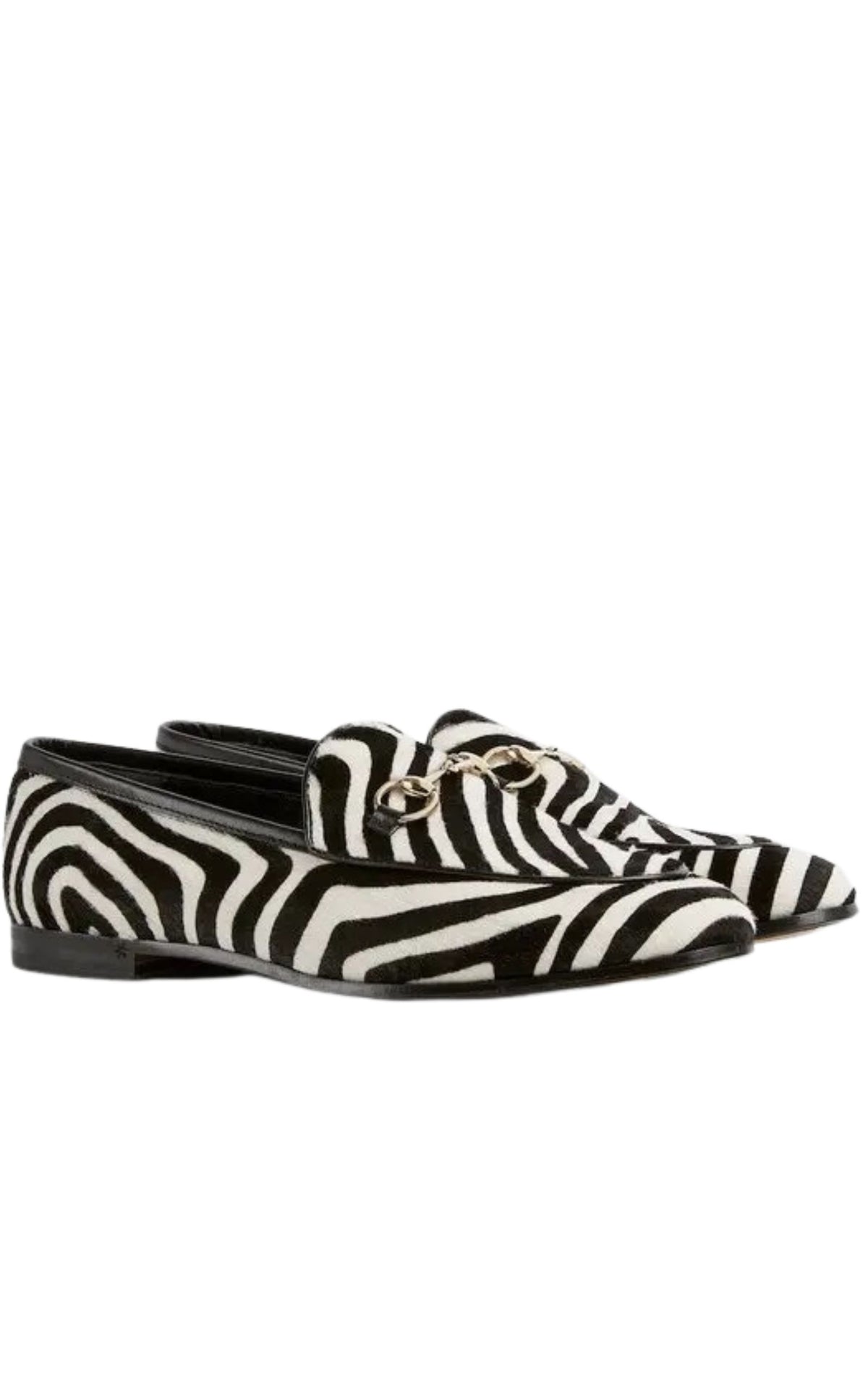Gucci Jordaan zebra-print calf hair loafers with gold Horsebit hardware and almond toe