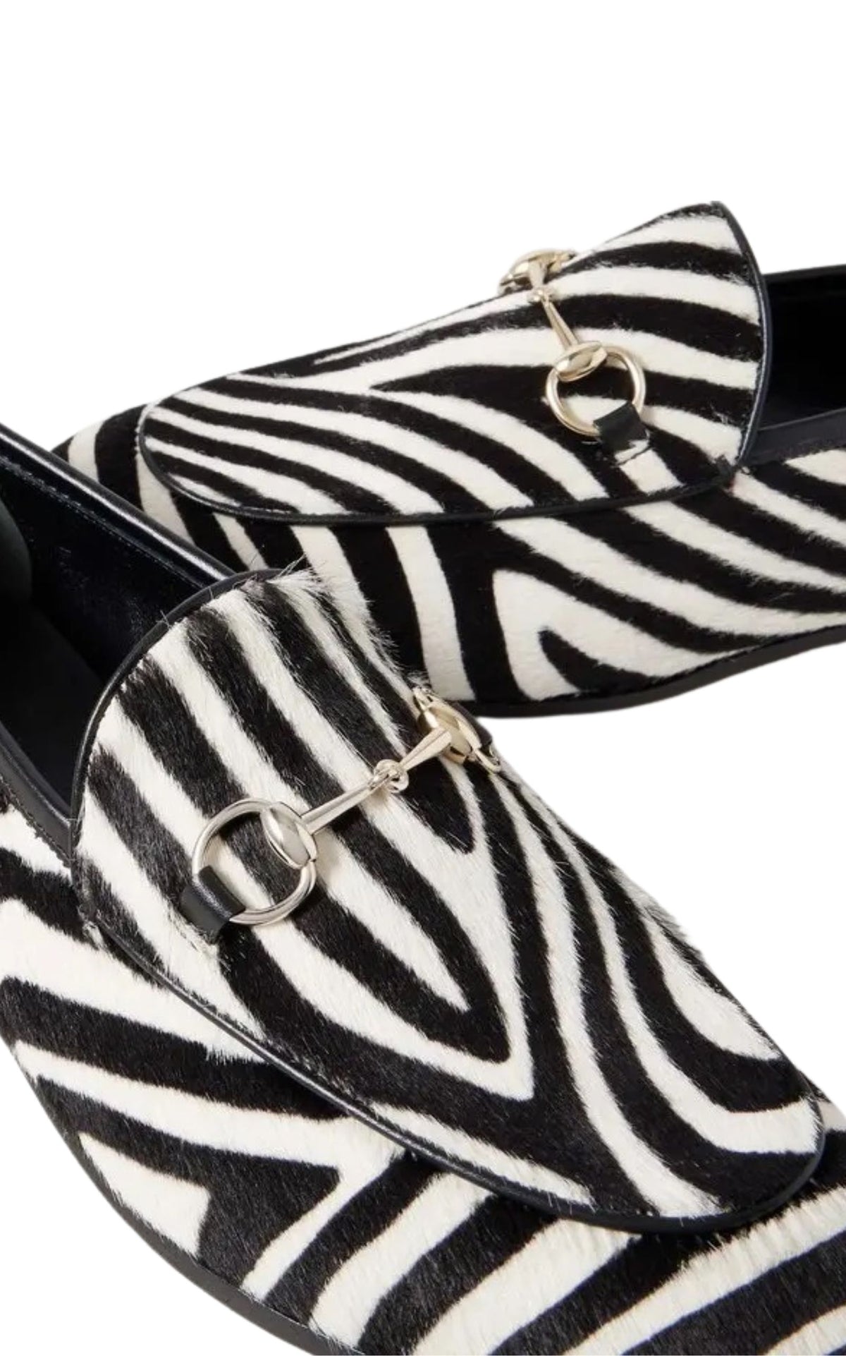 Gucci Jordaan zebra-print calf hair loafers with gold Horsebit hardware and almond toe