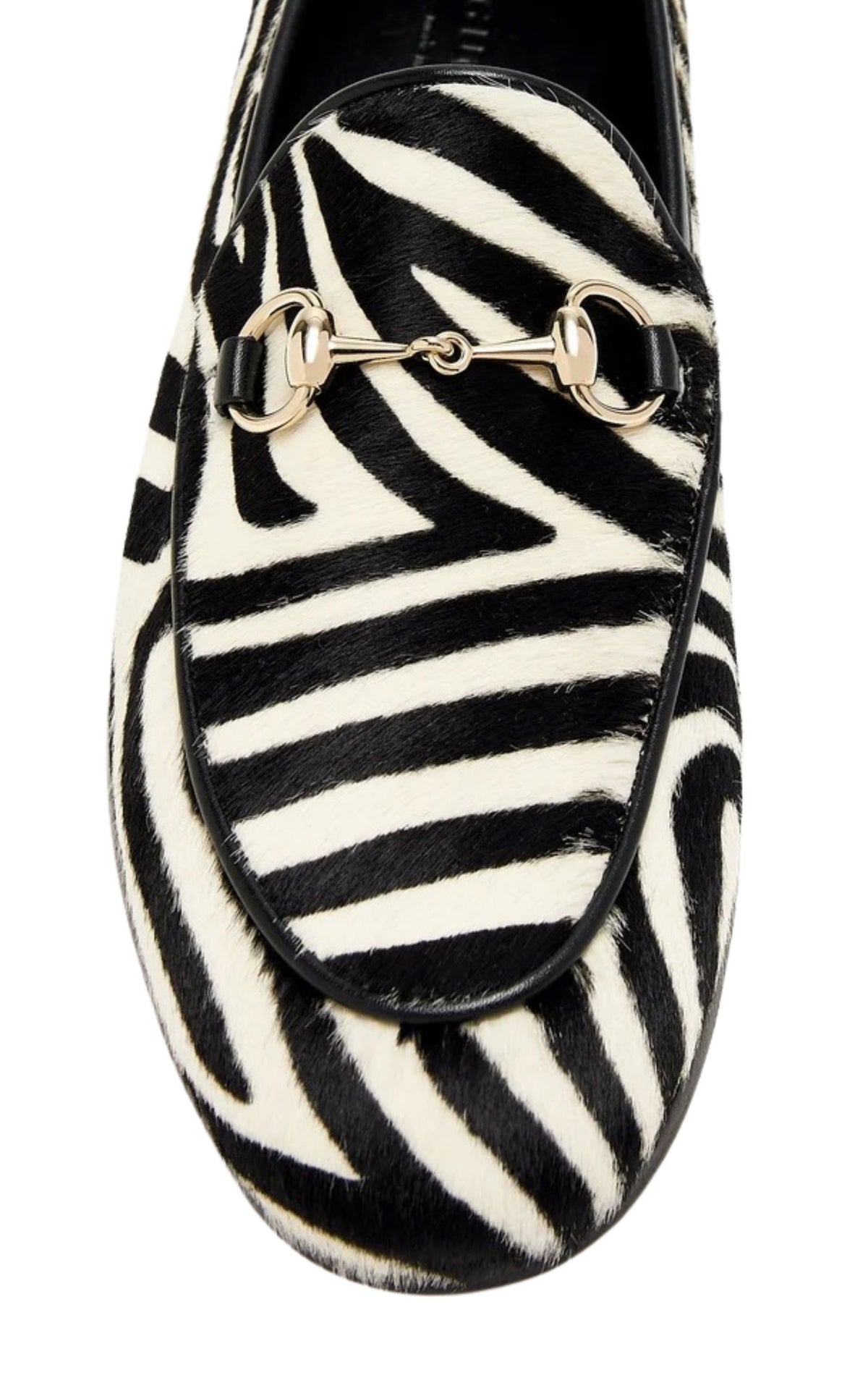Gucci Jordaan zebra-print calf hair loafers with gold Horsebit hardware and almond toe