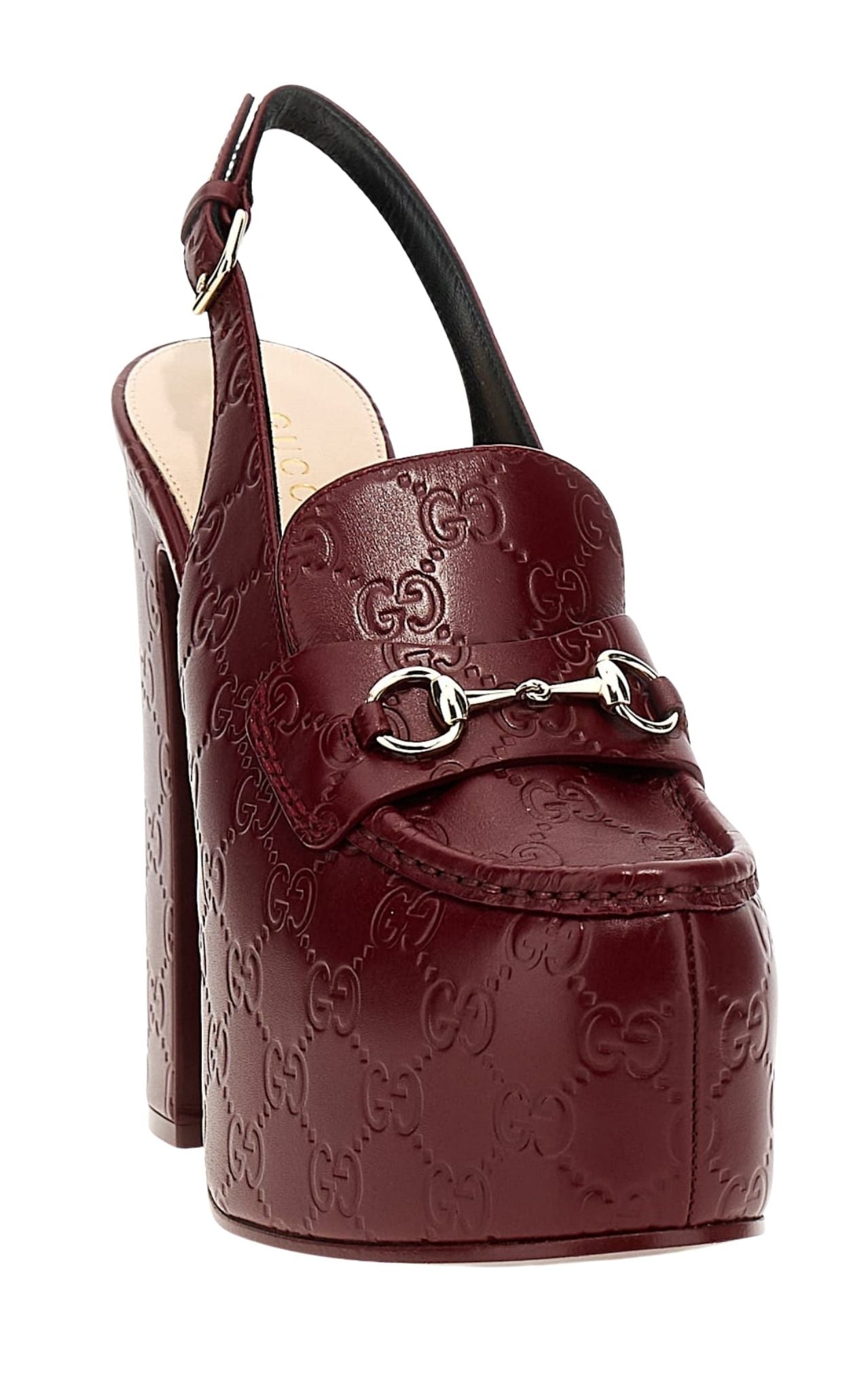 Gucci Ottavia GG platform pumps burgundy embossed leather with horsebit hardware