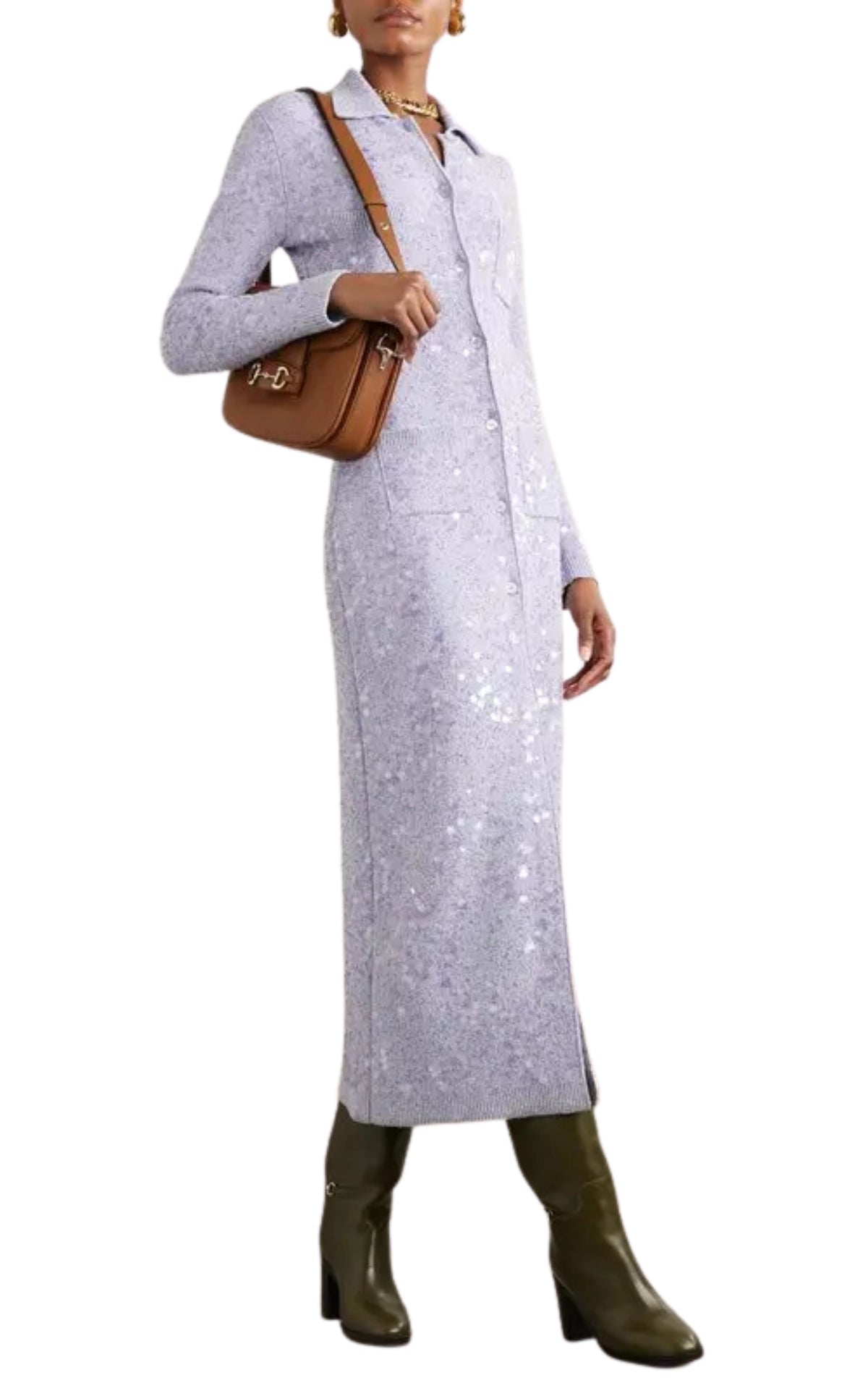 Gucci purple embroidered sequin polo midi dress with long sleeves and button fastening