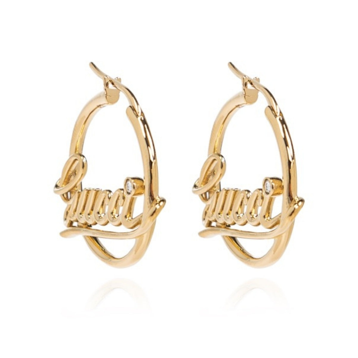 Gucci script logo crystal gold tone hoop earrings