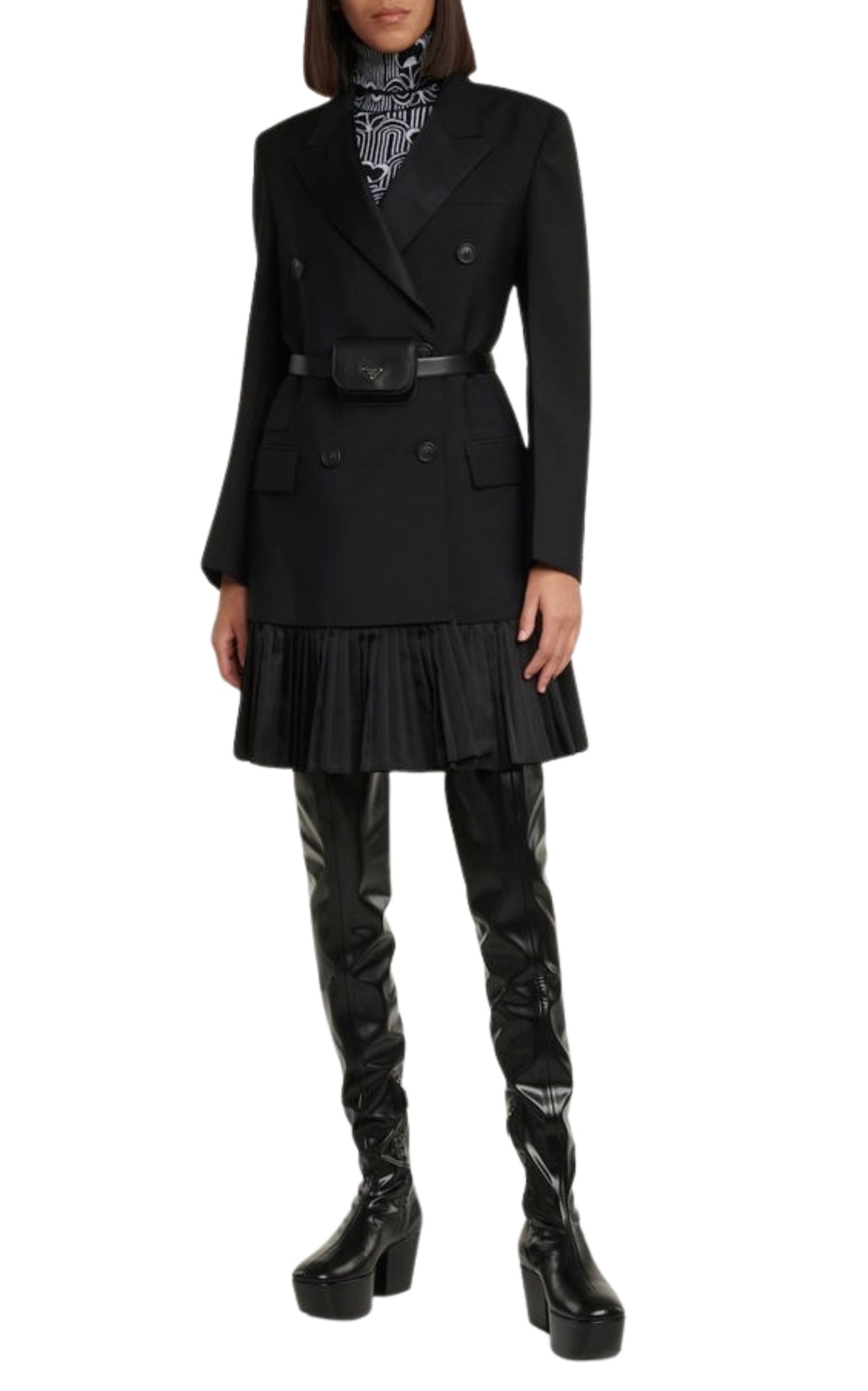 Prada black platform over-the-knee boots with square toe