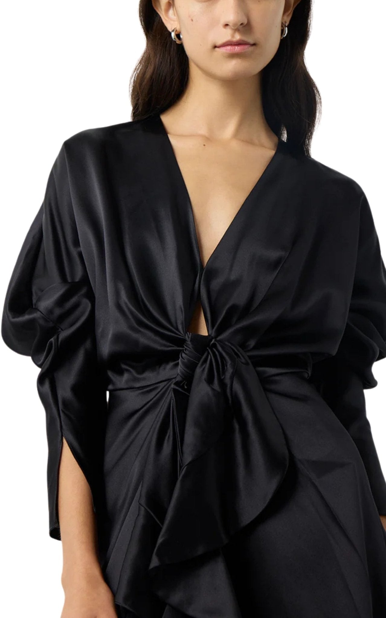 Alejandra Alonso Rojas knot silk dress with ruffles and V-neckline in black details 1