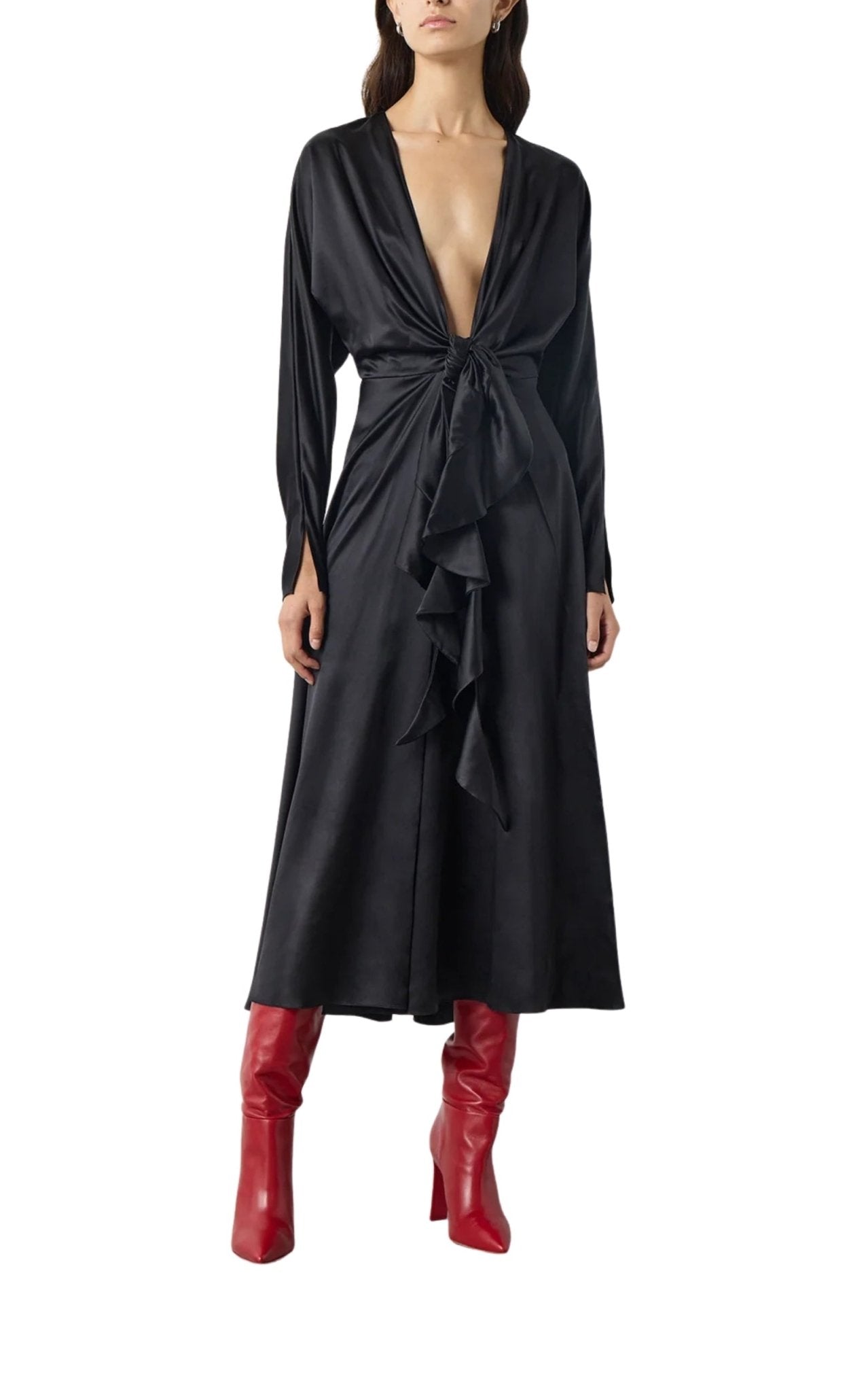 Alejandra Alonso Rojas knot silk dress with ruffles and V-neckline in black front