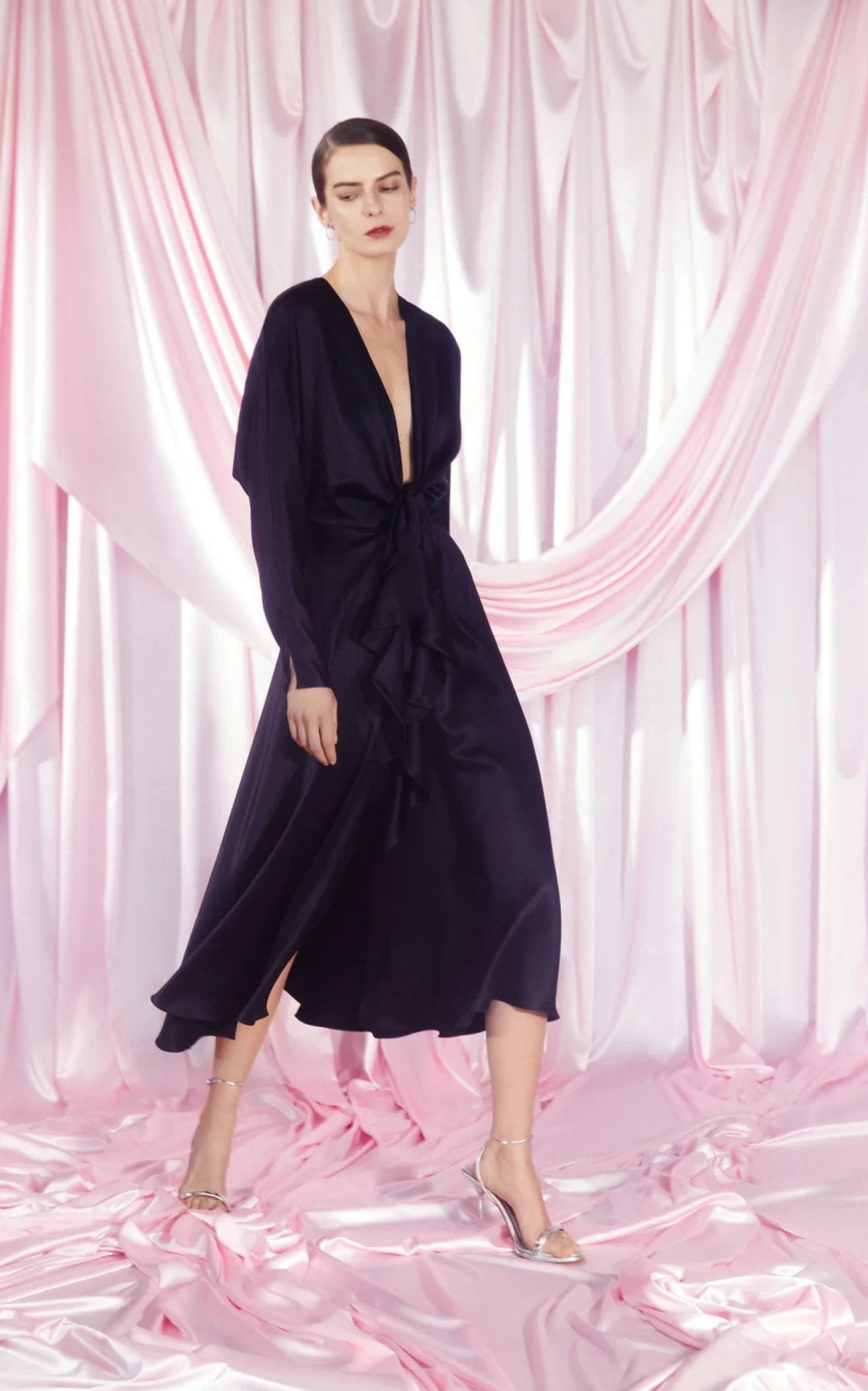 Alejandra Alonso Rojas knot silk dress with ruffles and V-neckline in black