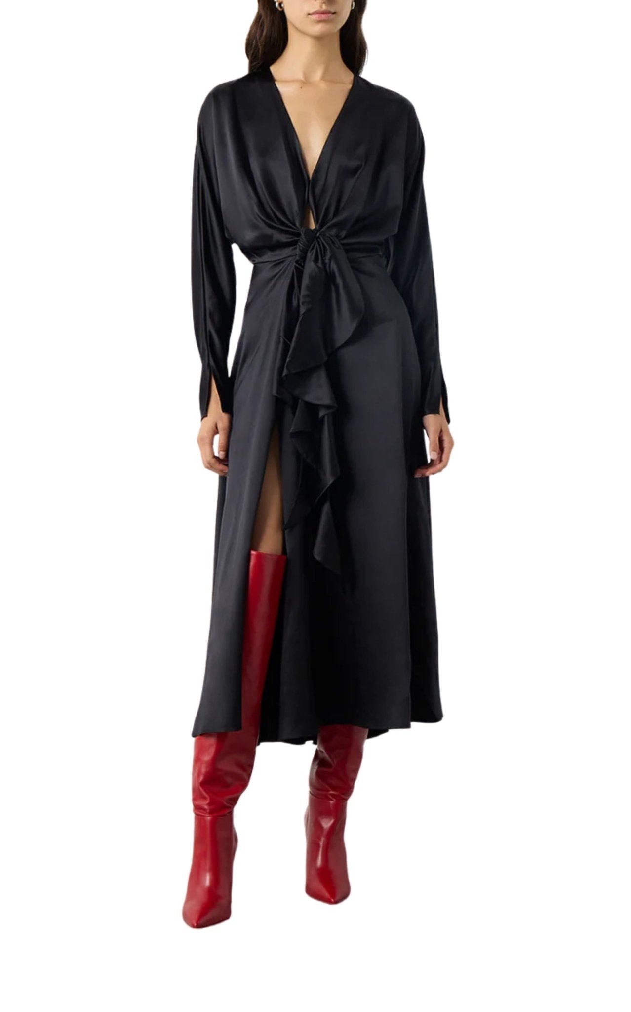 Alejandra Alonso Rojas knot silk dress with ruffles and V-neckline in black