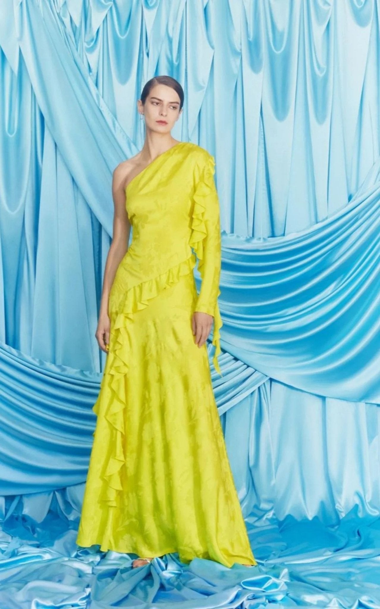 ALEJANDRA ALONSO ROJAS One Shoulder Yellow Silk Ruffle Dress - Runway Catalog