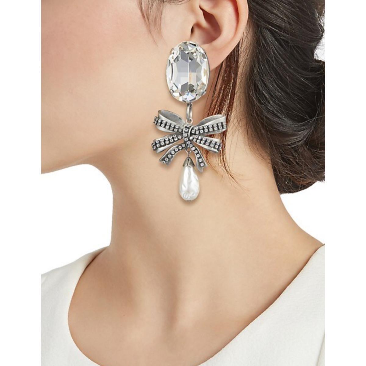 Alessandra Rich Crystal Bow Pearl Drop Earring - Runway Catalog