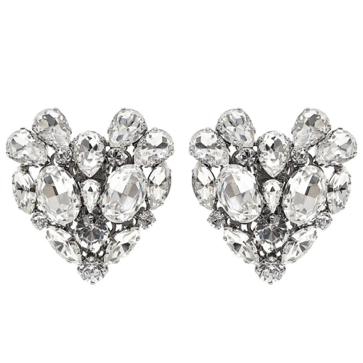 Alessandra Rich Silvertone Crystal Heart Stud Clip - On Earrings - Runway Catalog