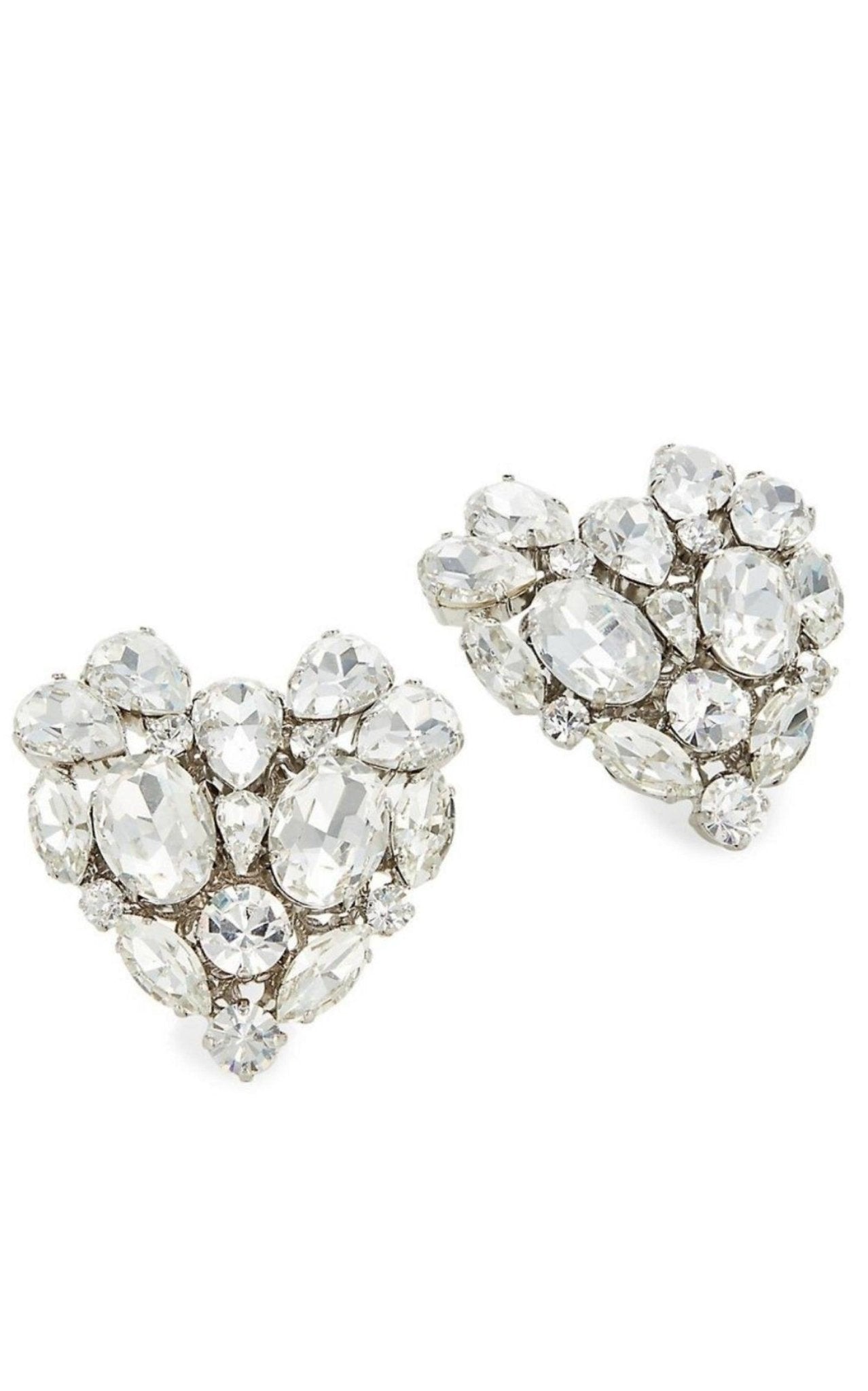 Alessandra Rich Silvertone Crystal Heart Stud Clip - On Earrings - Runway Catalog