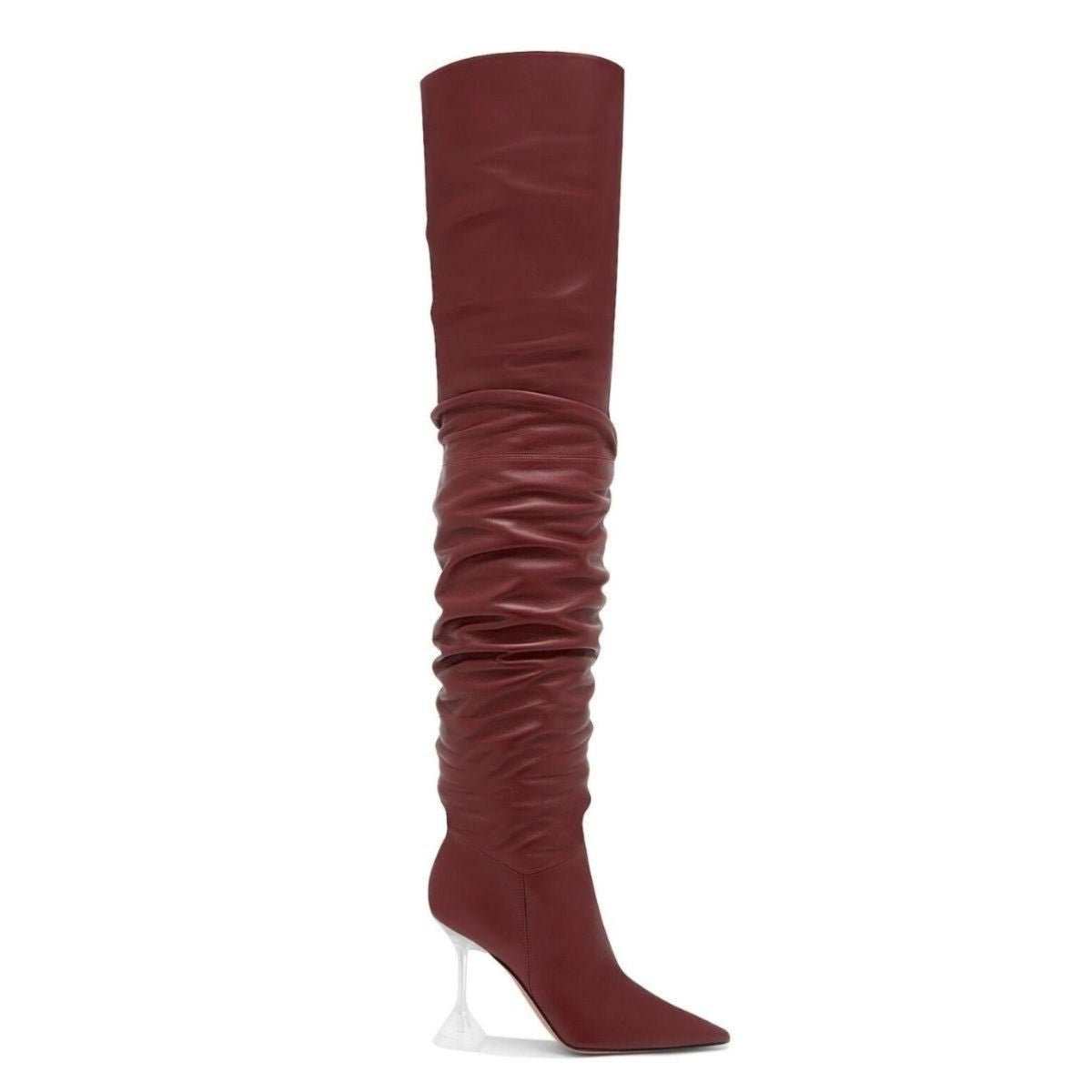 Amina Muaddi Olivia Burgundy Tall Leather Over The Knee Boots - Runway Catalog