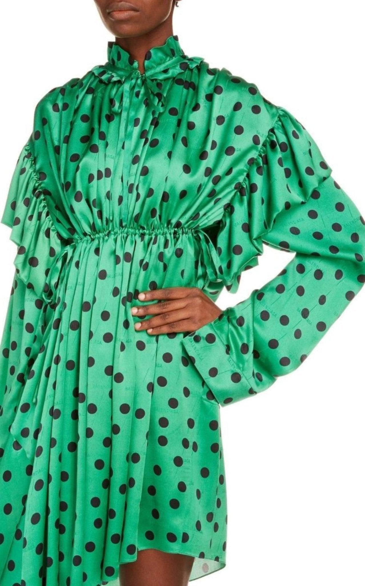 Balenciaga Polka Dot Print Long Sleeve Logo Jacquard Babydoll Dress - Runway Catalog