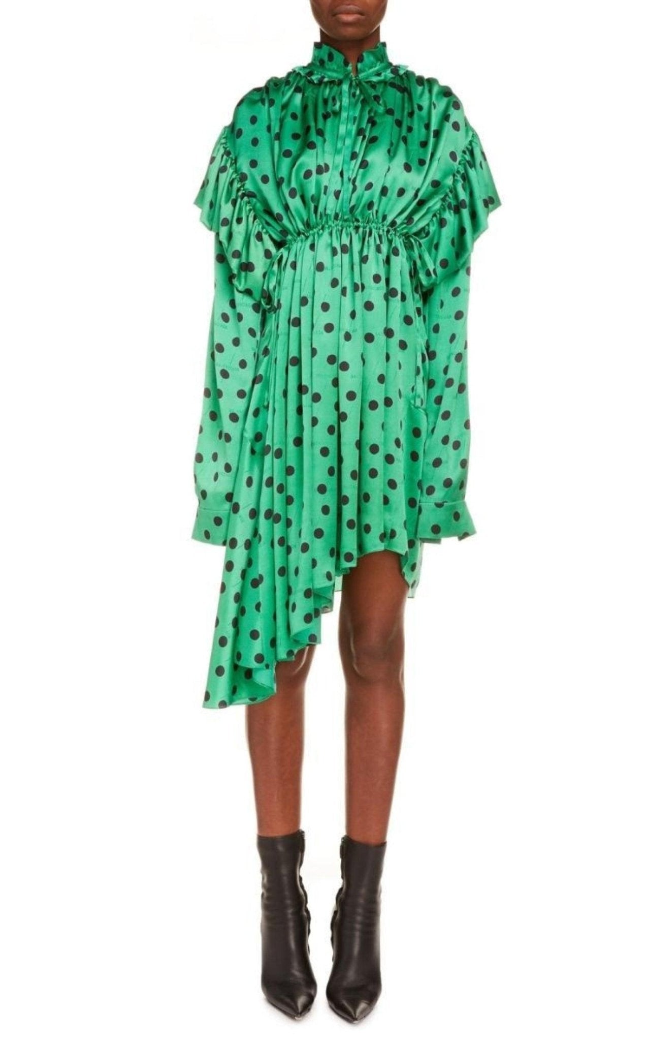 Balenciaga Polka Dot Print Long Sleeve Logo Jacquard Babydoll Dress - Runway Catalog