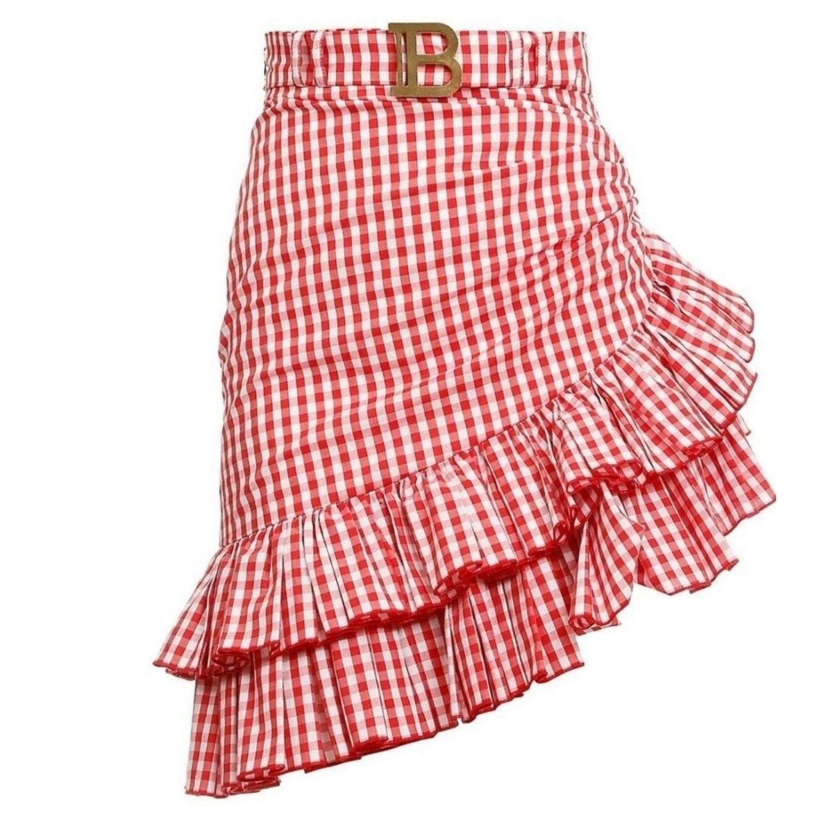 Balmain Belted Ruffled Plaid Mini Skirt - Runway Catalog