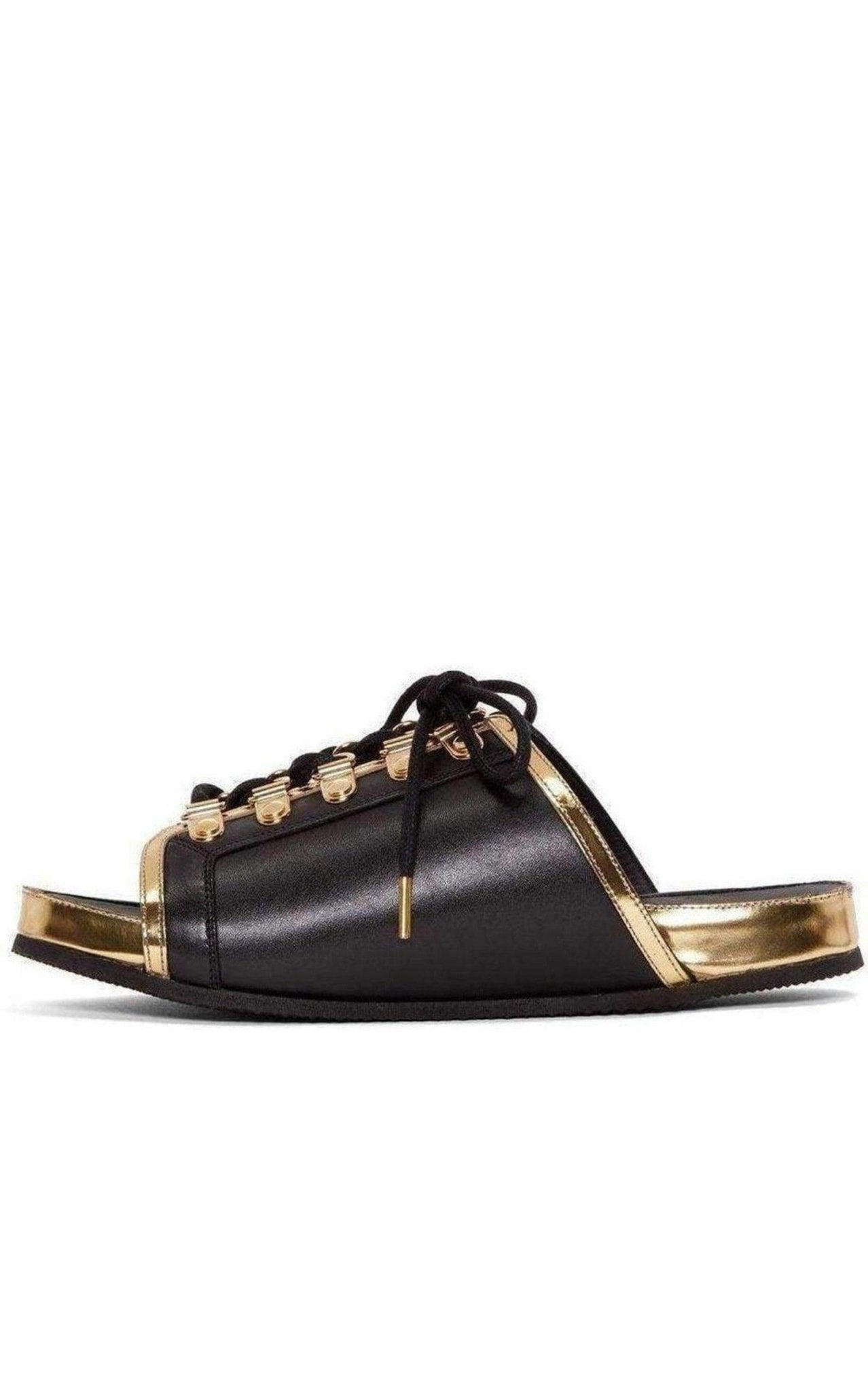 Balmain Black Gold Lace up Sliders Men Leather Sandals - Runway Catalog