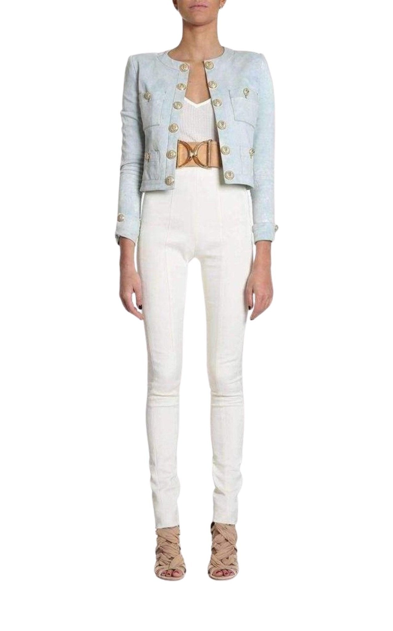 Balmain Cropped Stretch Cotton Denim Blazer - Runway Catalog