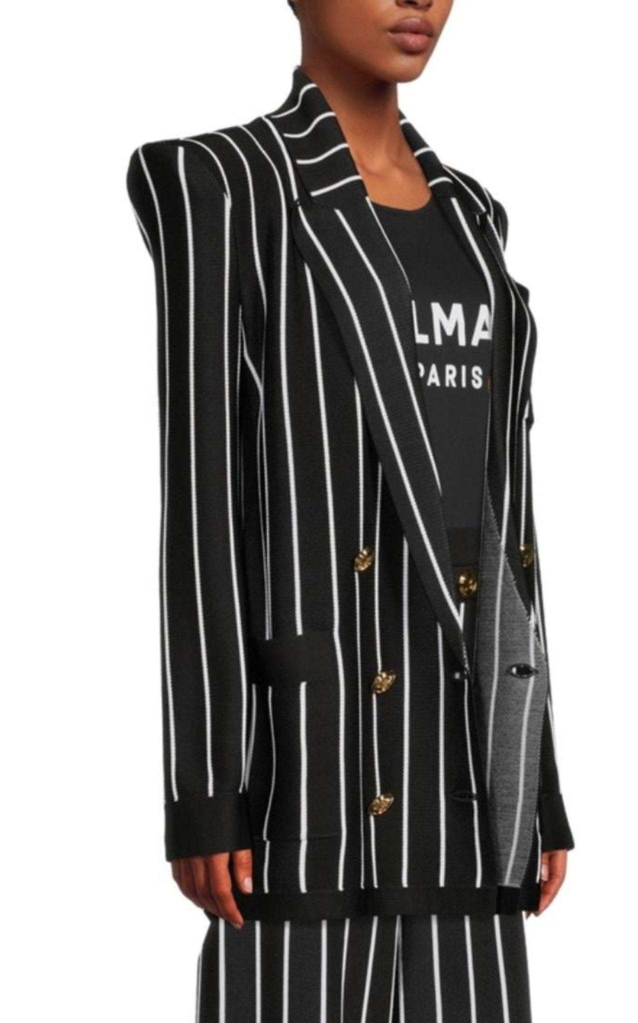 Balmain Double - Breasted Black White Striped Wool Blazer - Runway Catalog