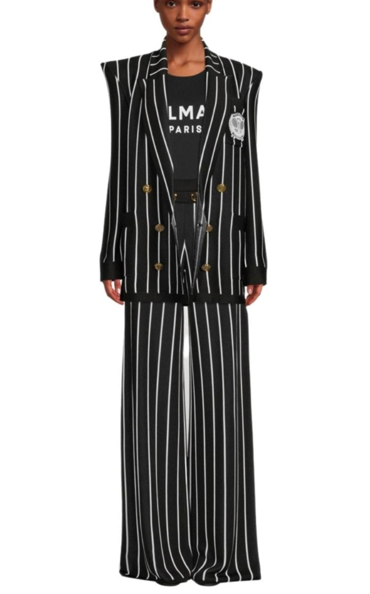 Balmain Double - Breasted Black White Striped Wool Blazer - Runway Catalog