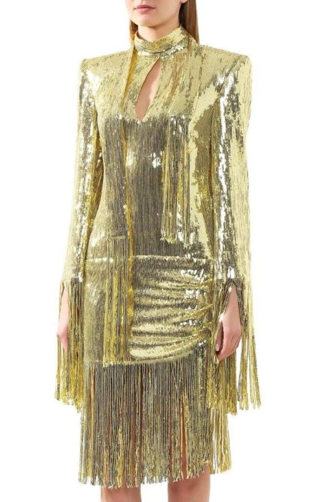 Balmain Fringed Gold Sequined Midi Dress - Runway Catalog