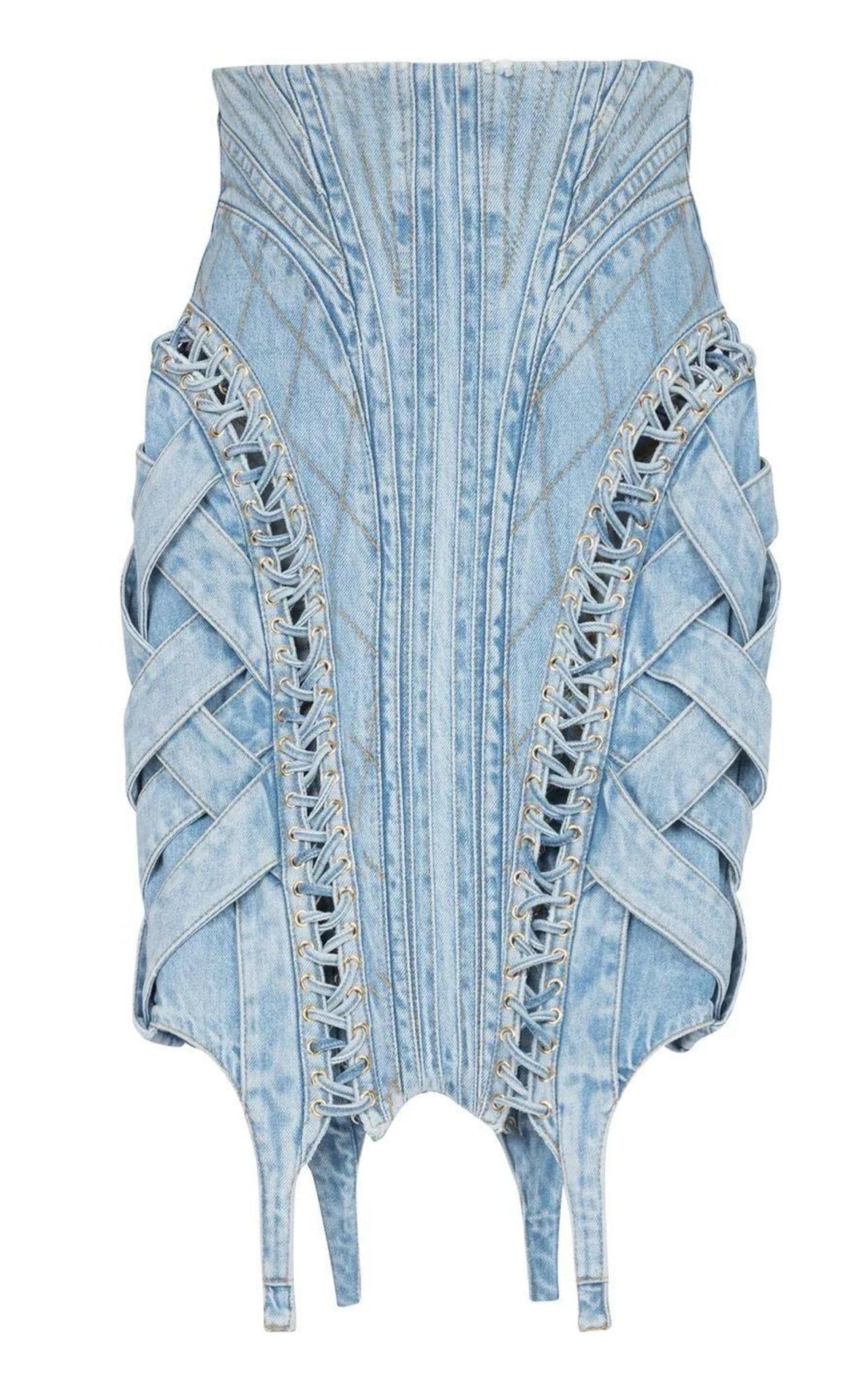 Balmain High - waist Lace - up Denim Skirt - Runway Catalog