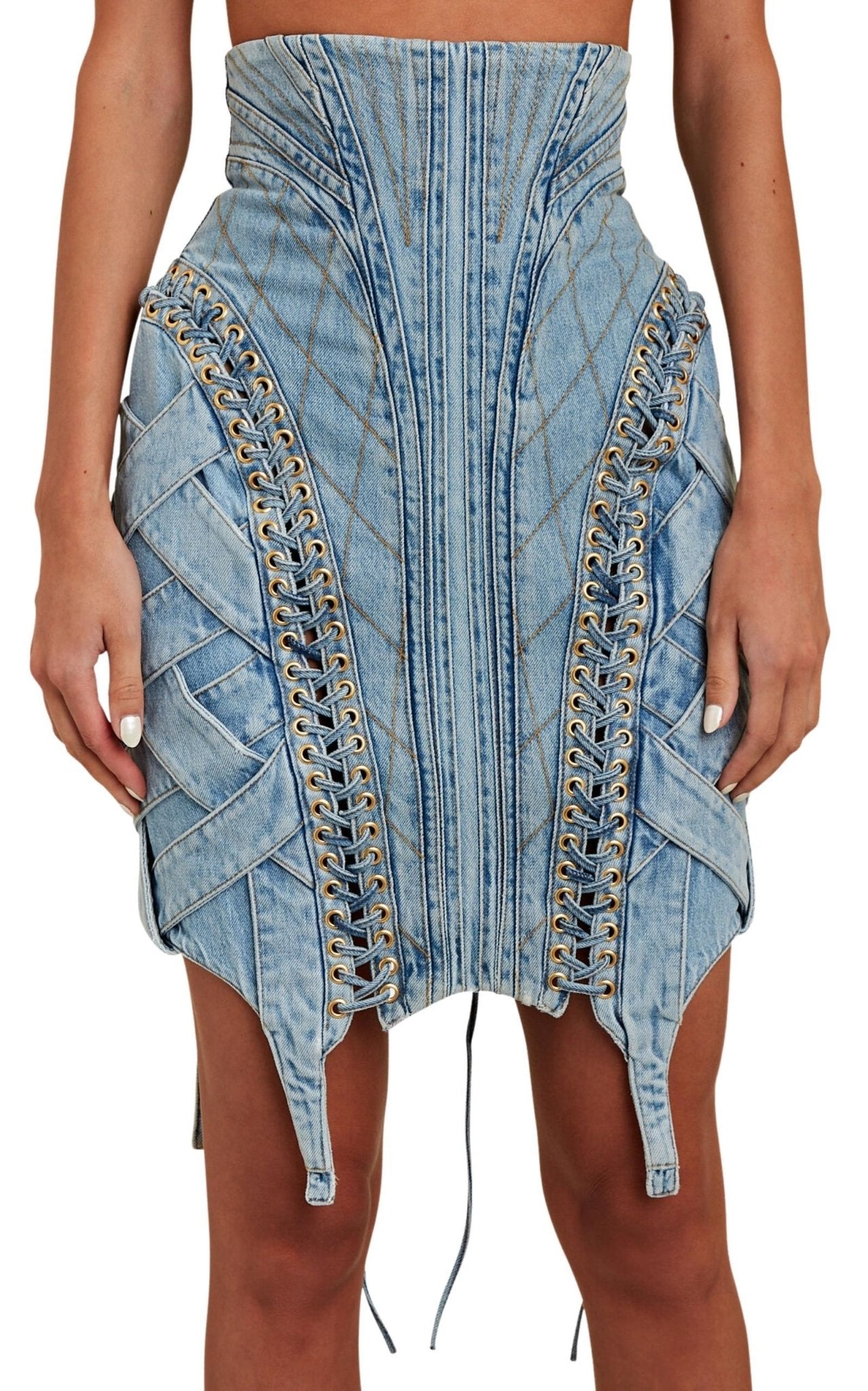 Balmain High - waist Lace - up Denim Skirt - Runway Catalog