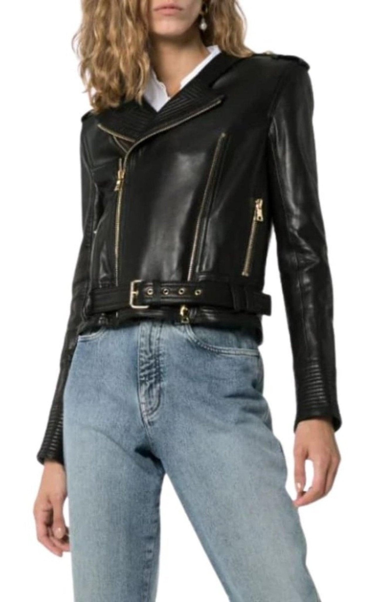 Balmain Lambskin Buckle - Belt Leather Jacket, Black - Runway Catalog