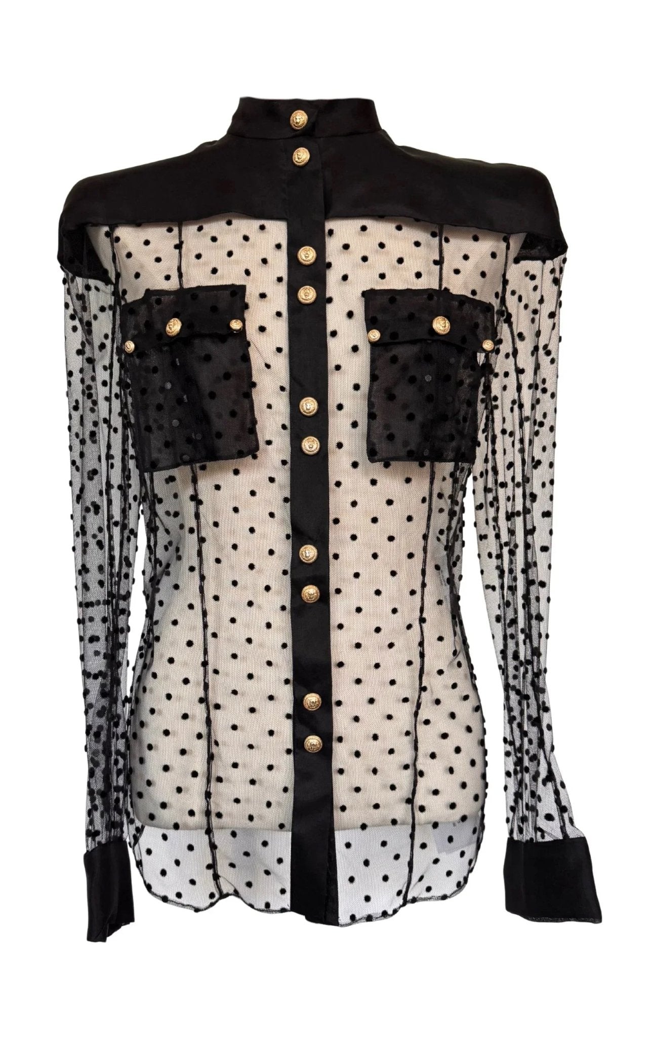 Chemise en soie à manches longues à pois noirs et boutons dorés Balmain - Catalogue défilé