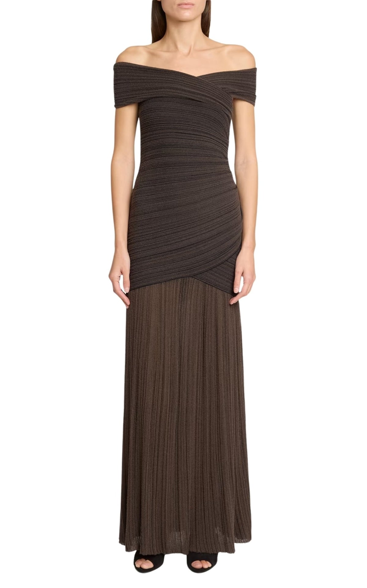 Balmain off-the-shoulder ribbed-knit maxi dress with crossover fitted bodice and sheer floor-length skirt