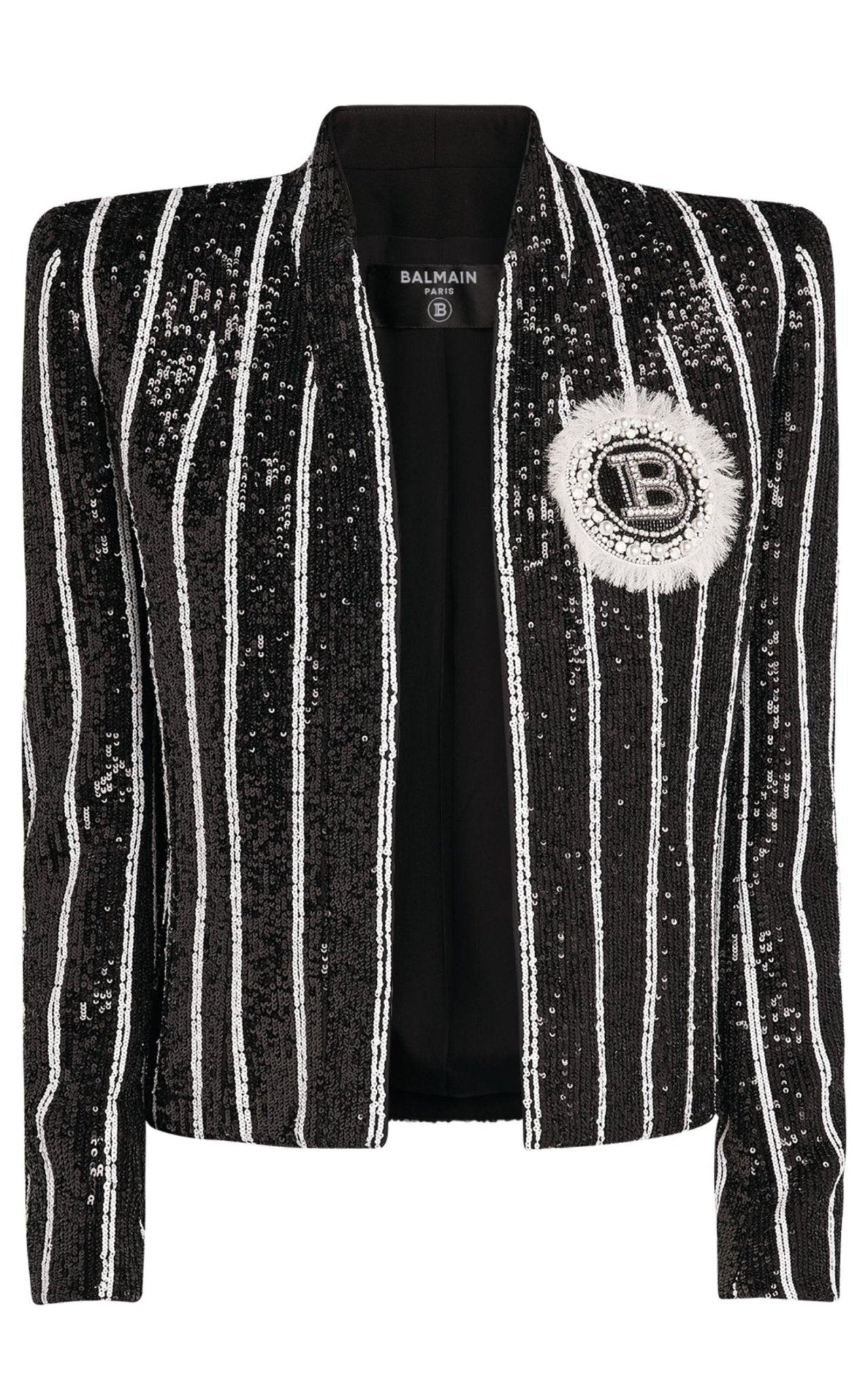 Balmain Sequinned Black White Striped Spencer Jacket - Runway Catalog