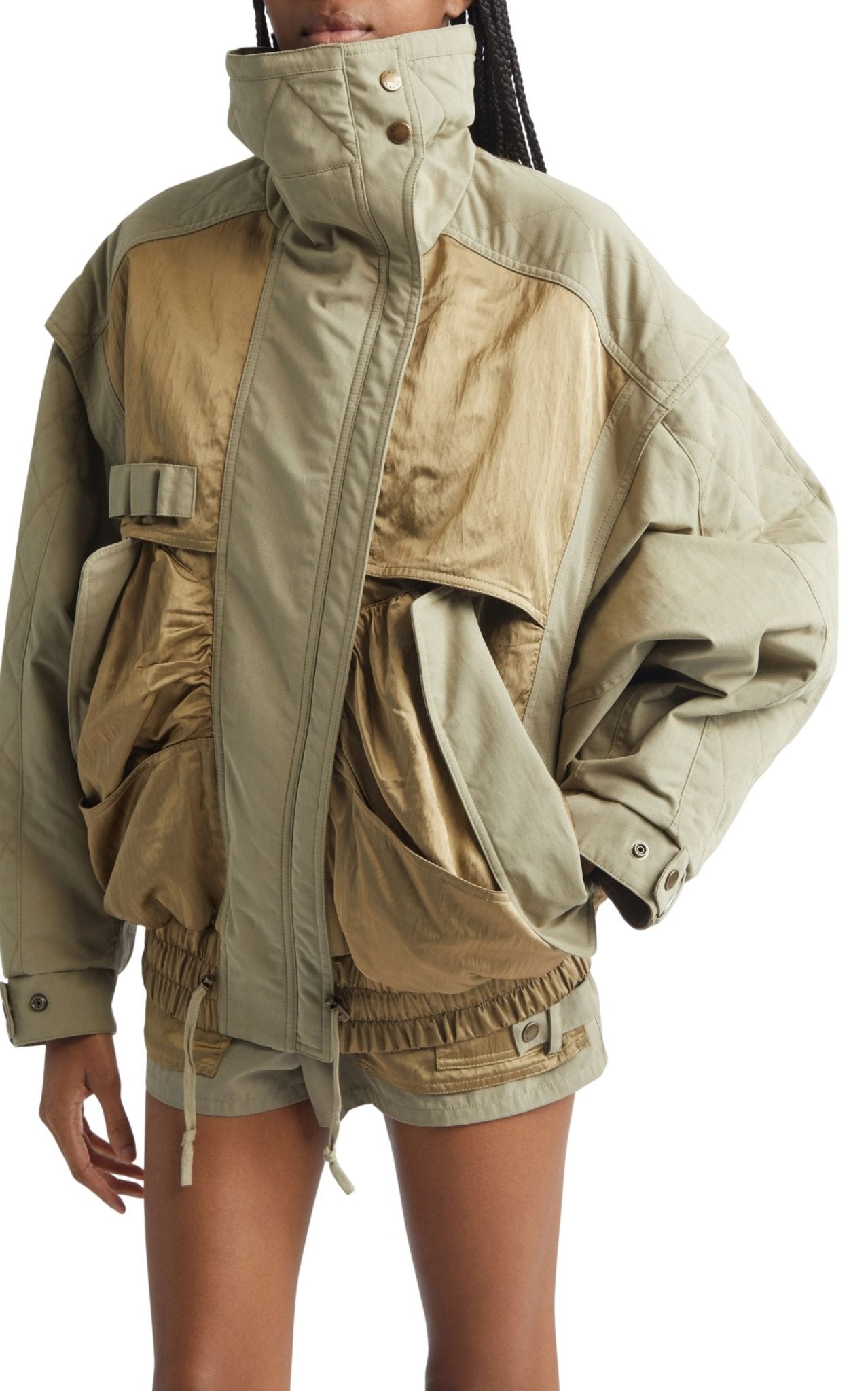 Balmain cotton blend twill utility bomber jacket with cargo pockets and standing collar