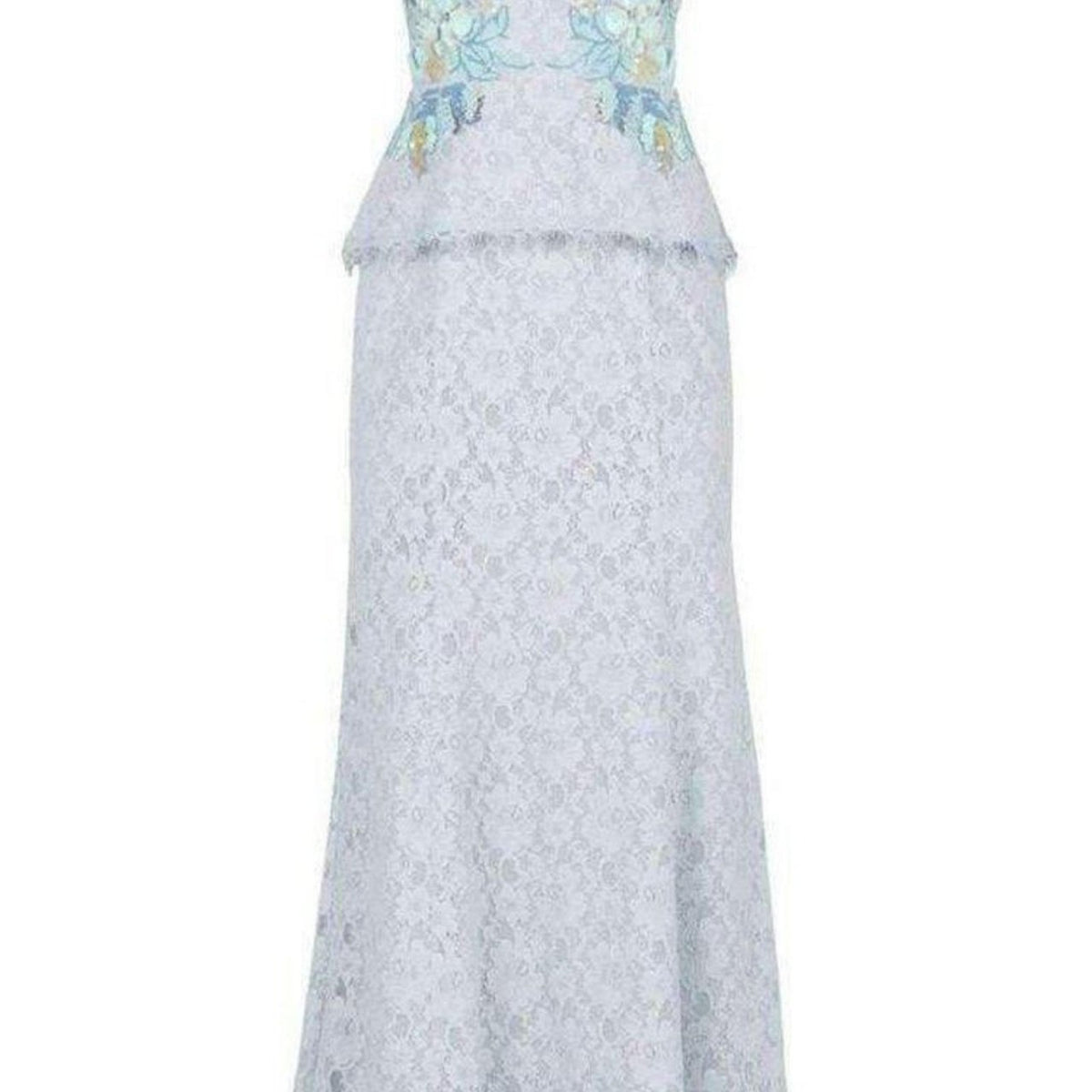 BCBGMAXAZRIA Enaya Lace Peplum Sequin-Detail Gown, 4 / Blue