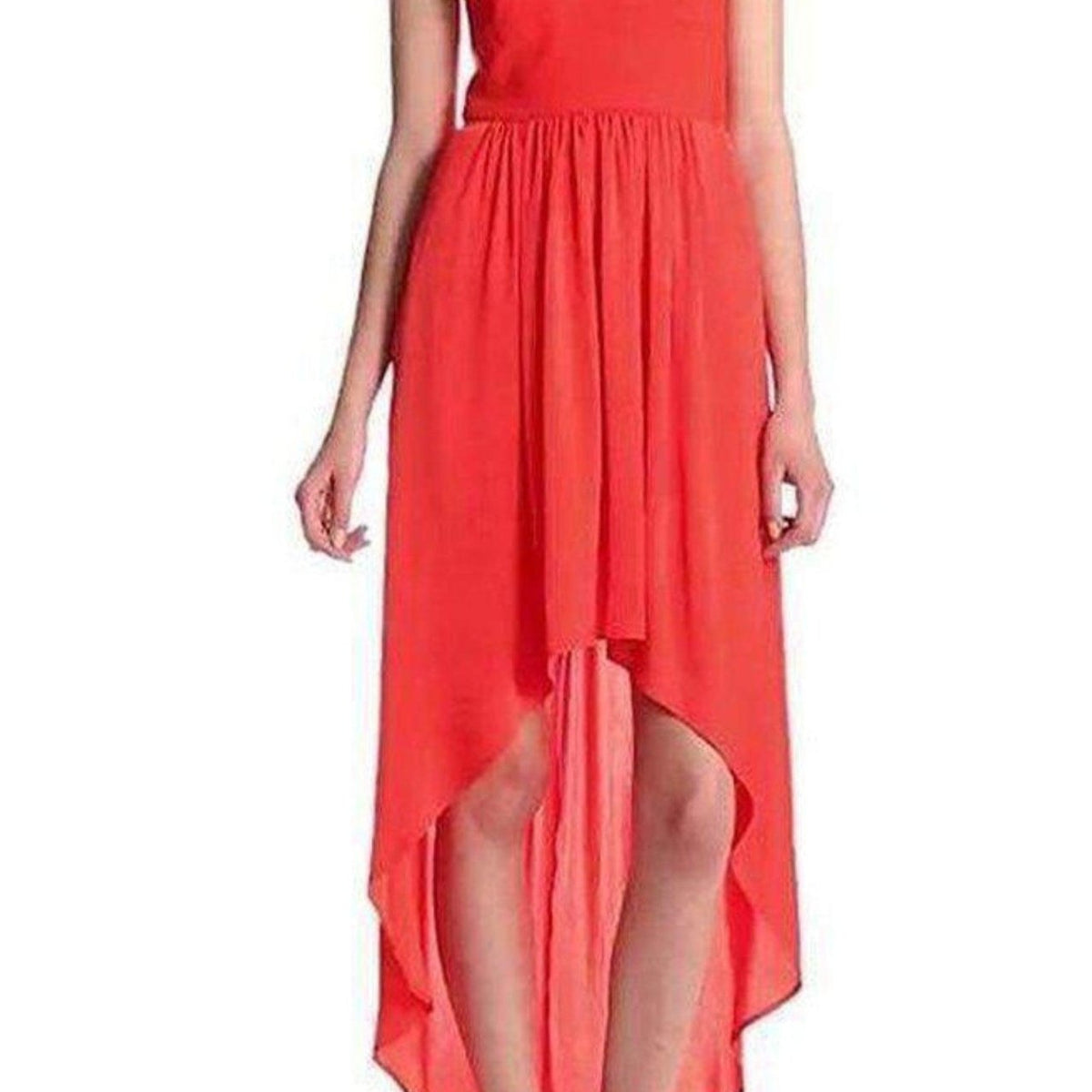 bcbg red dress BCBGMAXAZRIA Strapless Evening in The gathered front falls into a floor Red and Beige Color Block