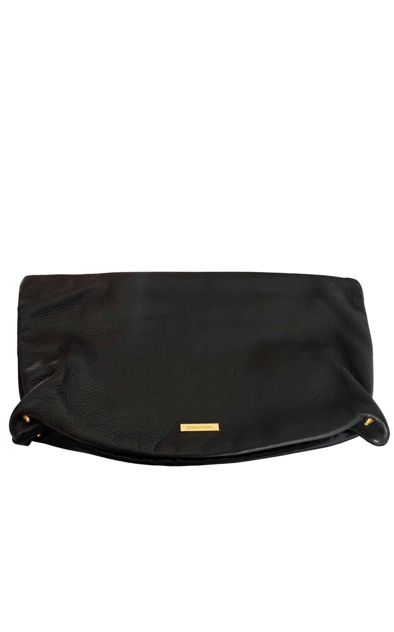 BCBG Max Azria black leather satin fold-over clutch evening bag
