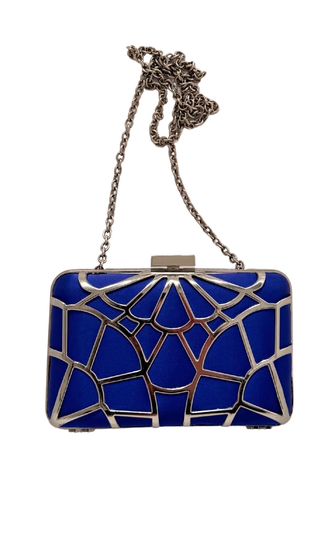 BCBG Max Azria cobalt blue satin box clutch with silver-tone geometric cage frame and chain strap