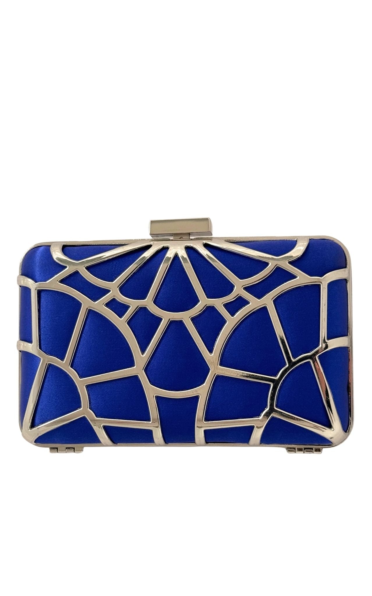 BCBG Max Azria cobalt blue satin box clutch with silver-tone geometric cage frame and chain strap