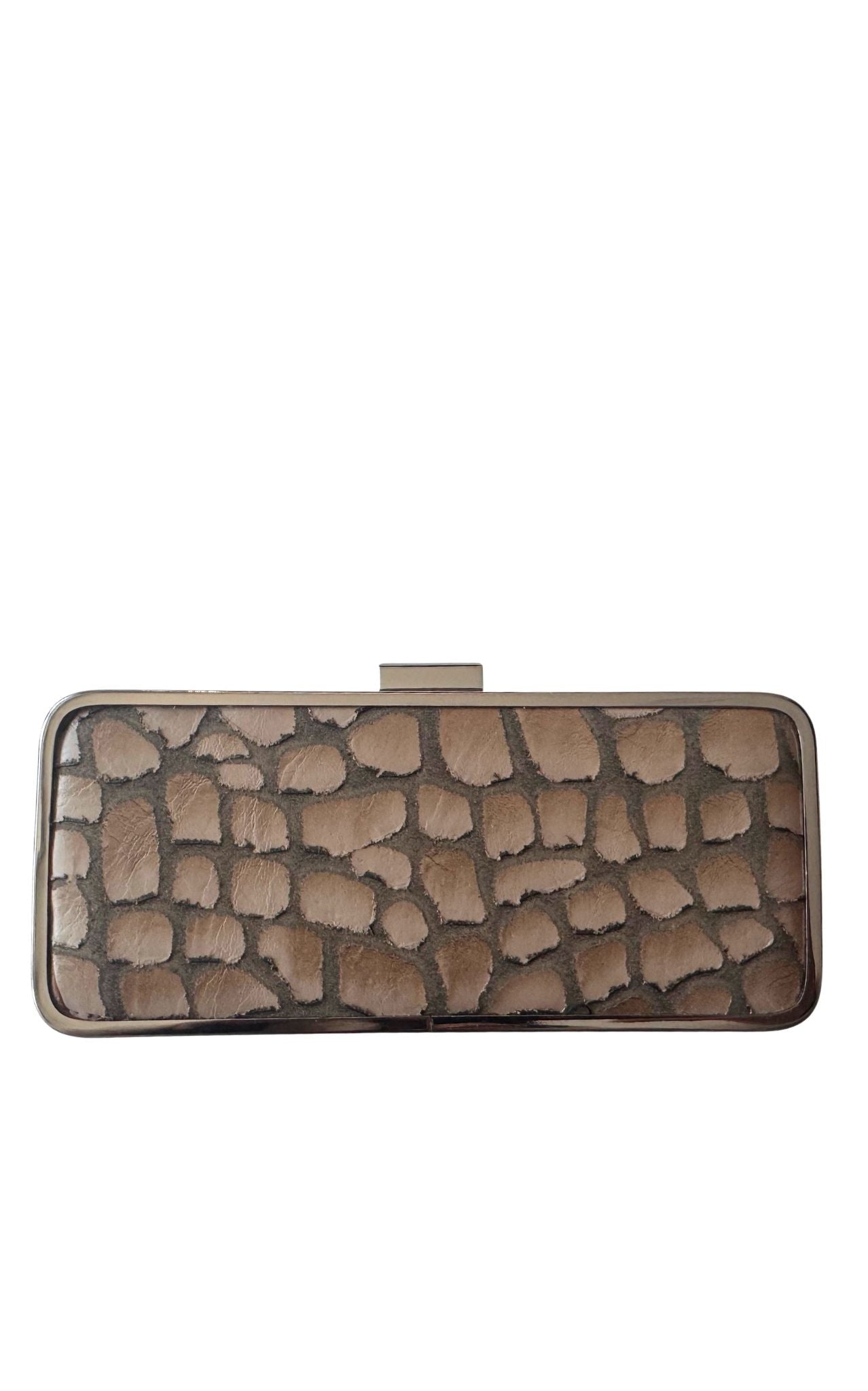 BCBG Max Azria faux leather croc-effect frame clutch in neutral beige with metallic frame