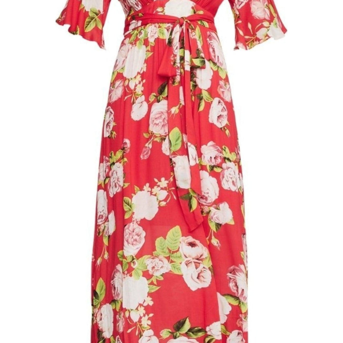 strapless open back dress BCBGMAXAZRIA Floral-Print Faux-Wrap Maxi Dress – Runway Catalog