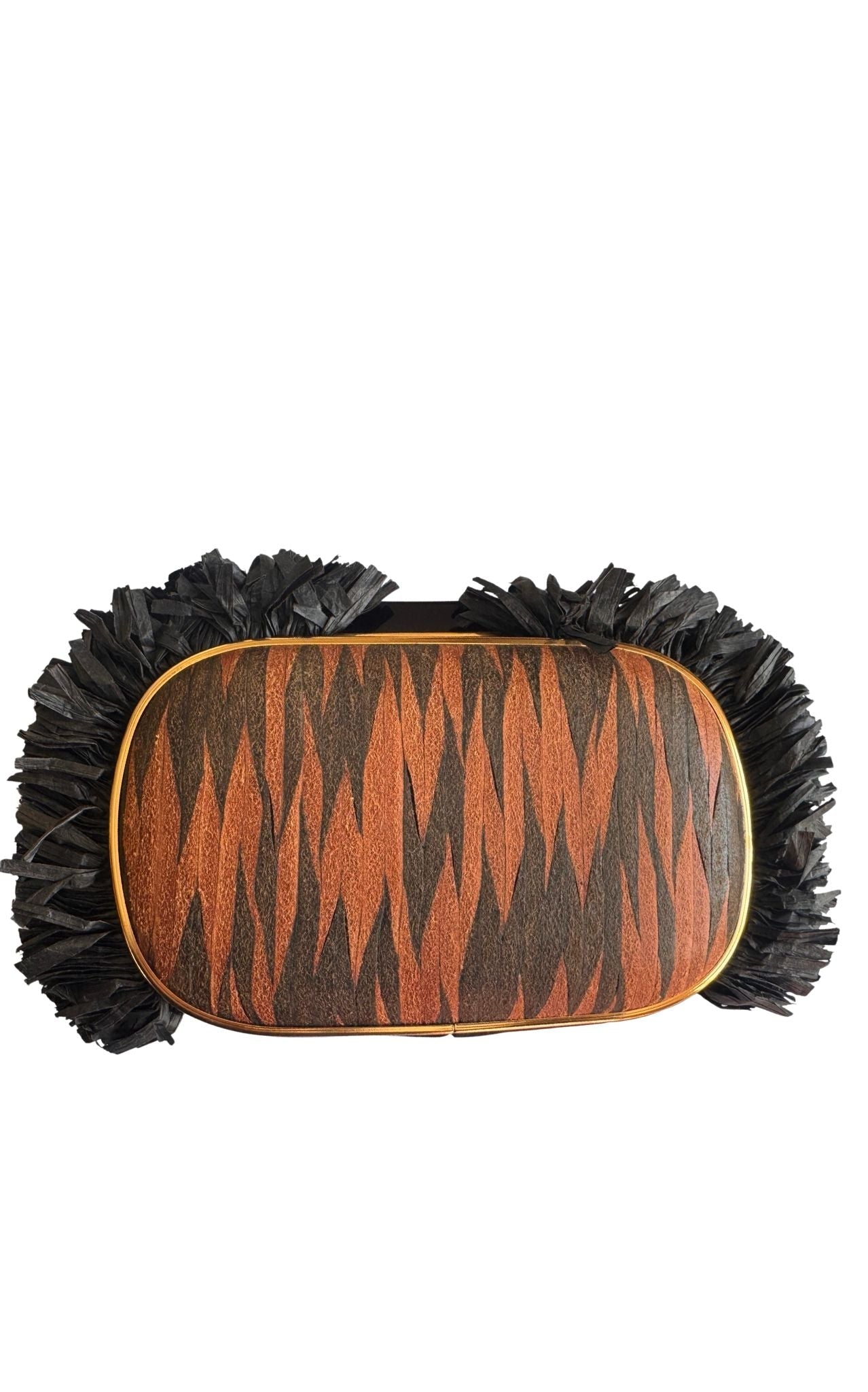 BCBG Max Azria tiger-print satin fringed clutch front view