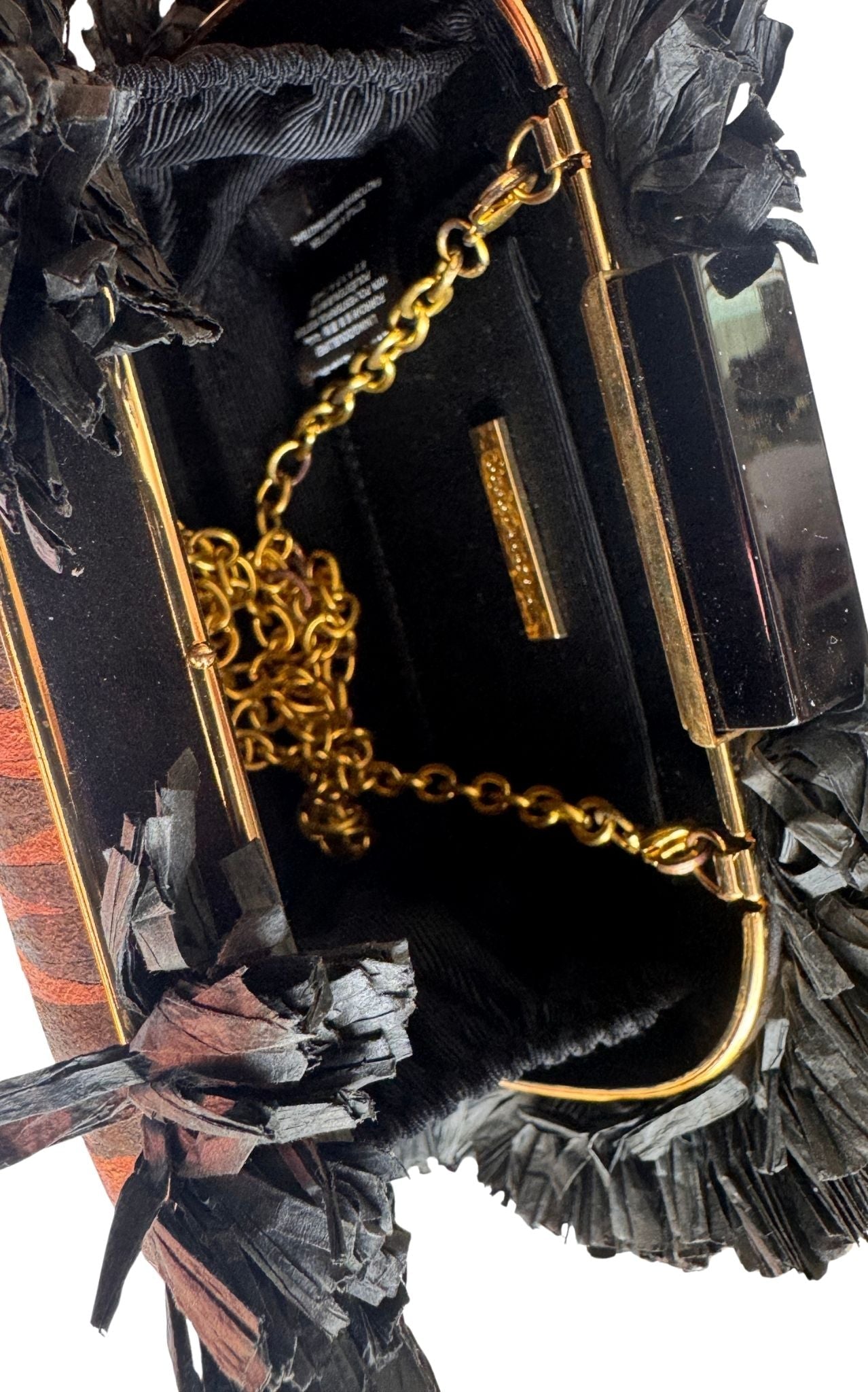 BCBG Max Azria tiger-print satin fringed clutch front view