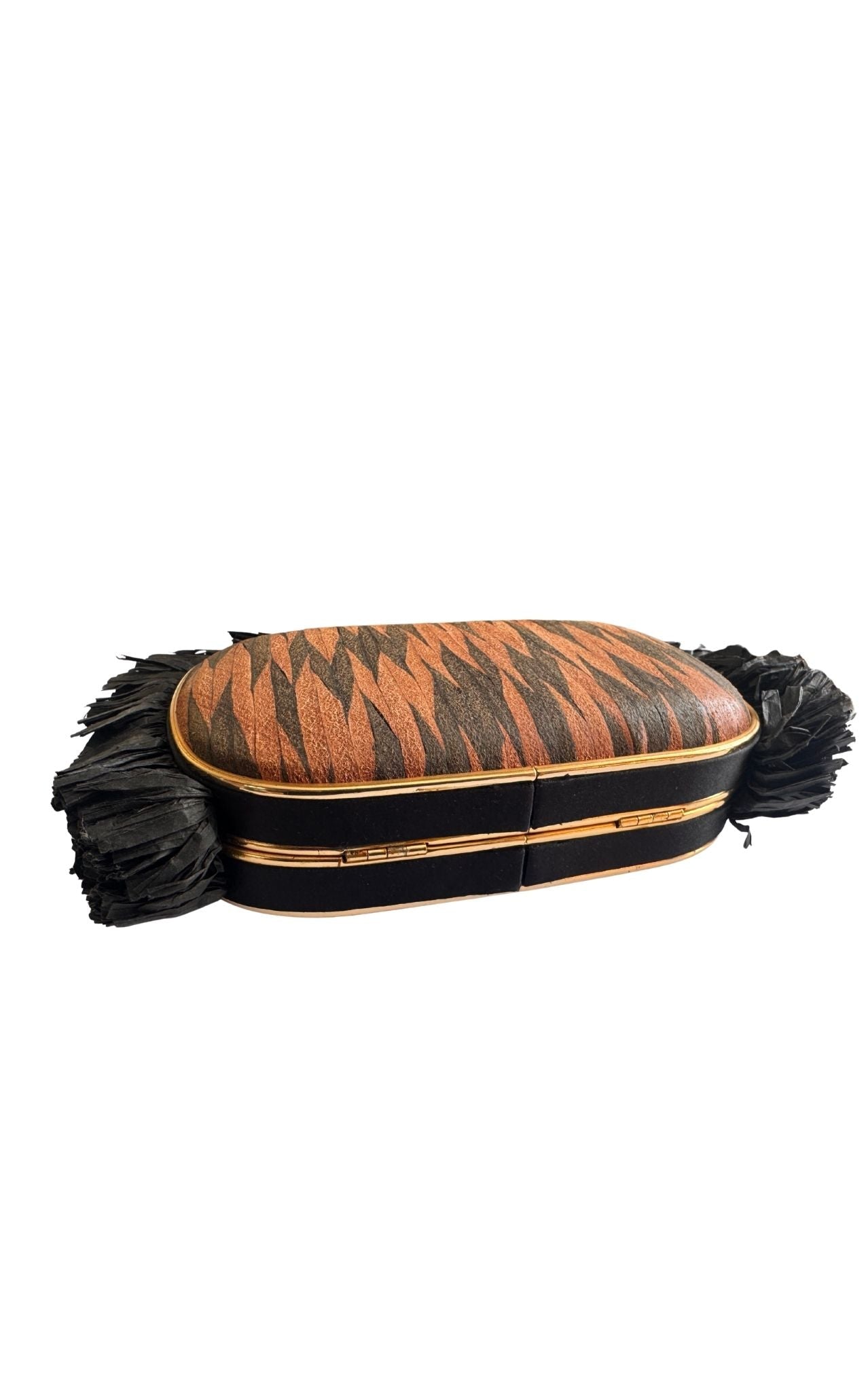 BCBG Max Azria tiger-print satin fringed clutch front view