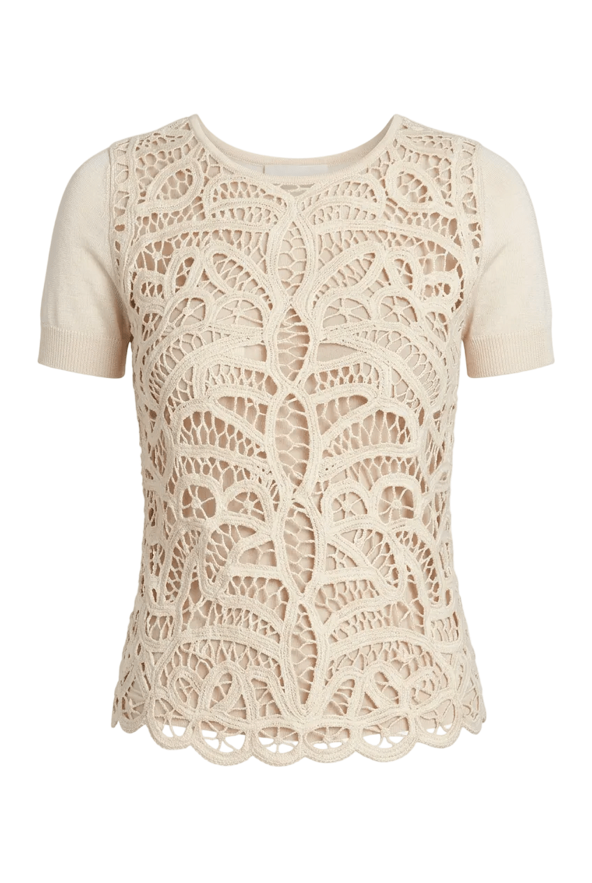 A short-sleeve crewneck top featuring a cream-colored lace overlay with a scalloped hem over a solid knit base, shown against a light gray background.