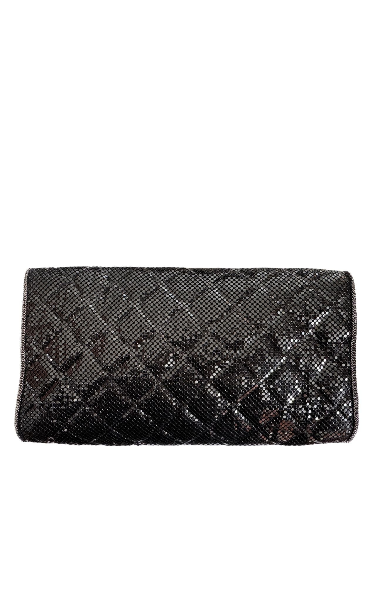 BCBG Maxazria black metal mesh quilted chain clutch bag