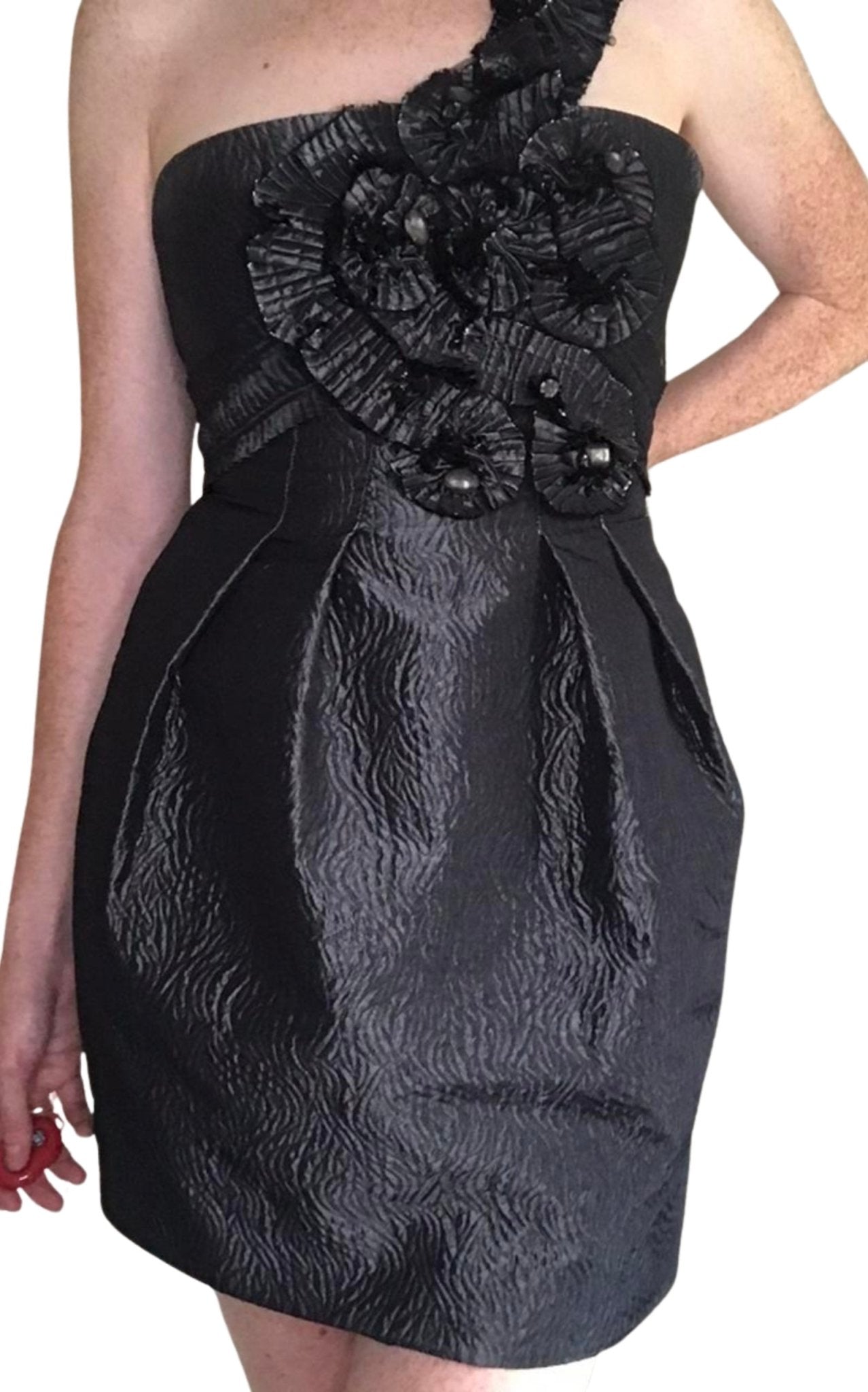 BCBGMAXAZRIA One shoulder Gunmetal Jacquard Rosette Dress - Runway Catalog