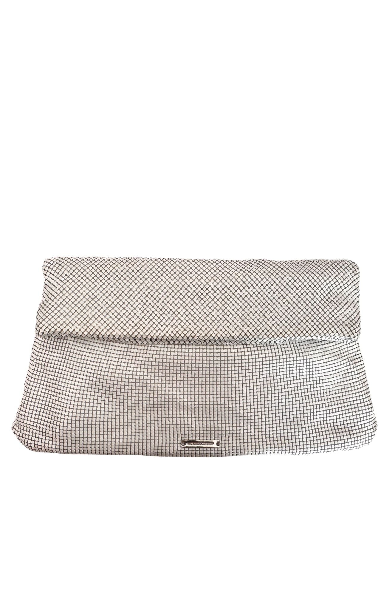 BCBG Max Azria white metal mesh fold-over clutch evening bag